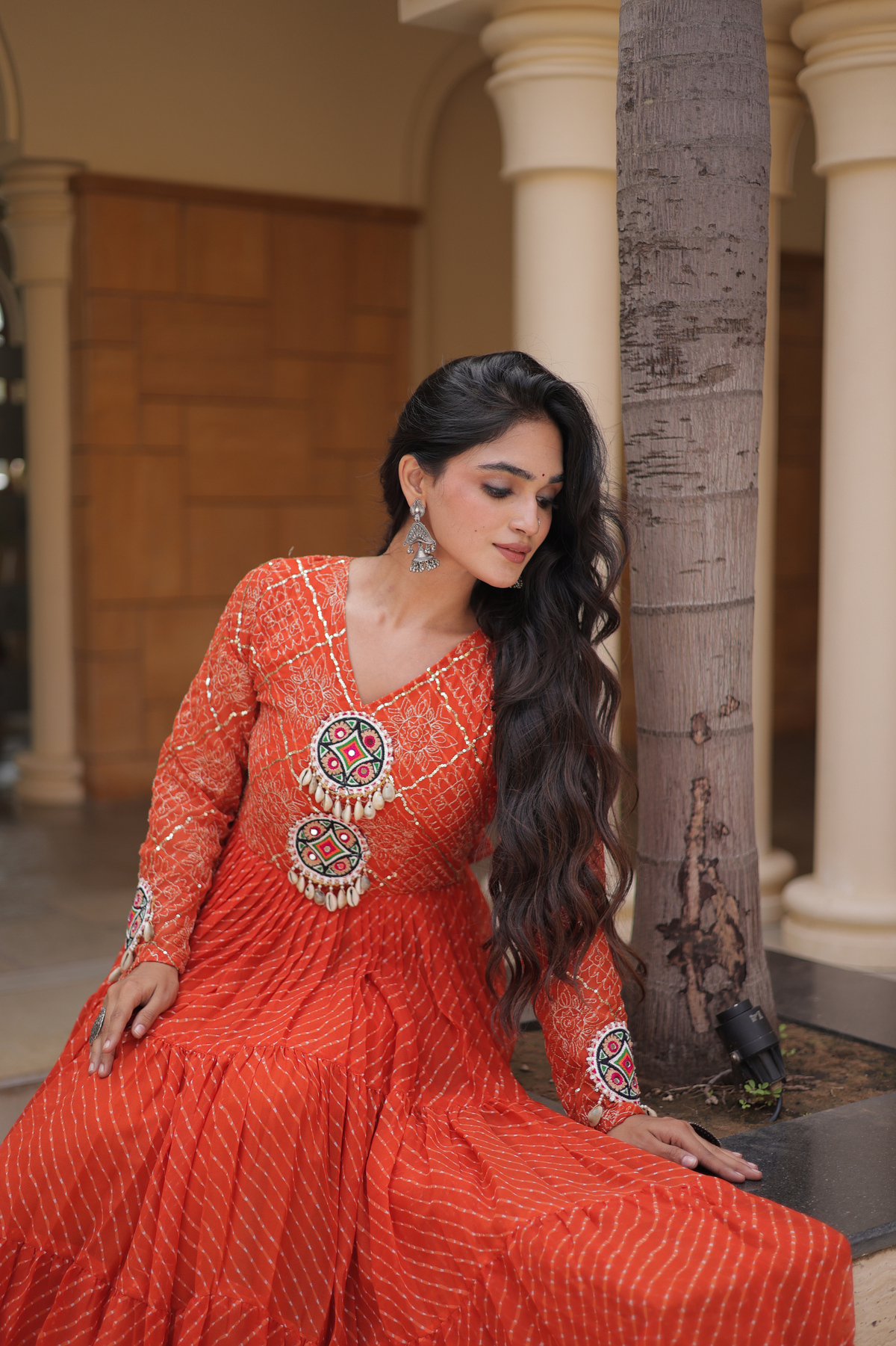 Navratri Special Bandhani Anarkali Gown with Mirror Work & Traditional Embroidered Yoke