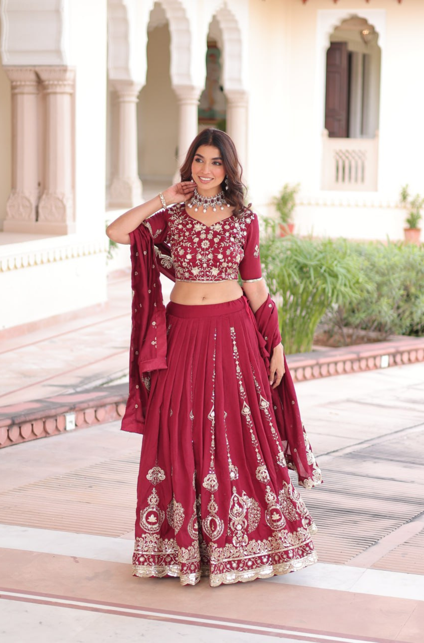 Traditional Maroon Bridal Embroidered Lehenga Choli Set for Women