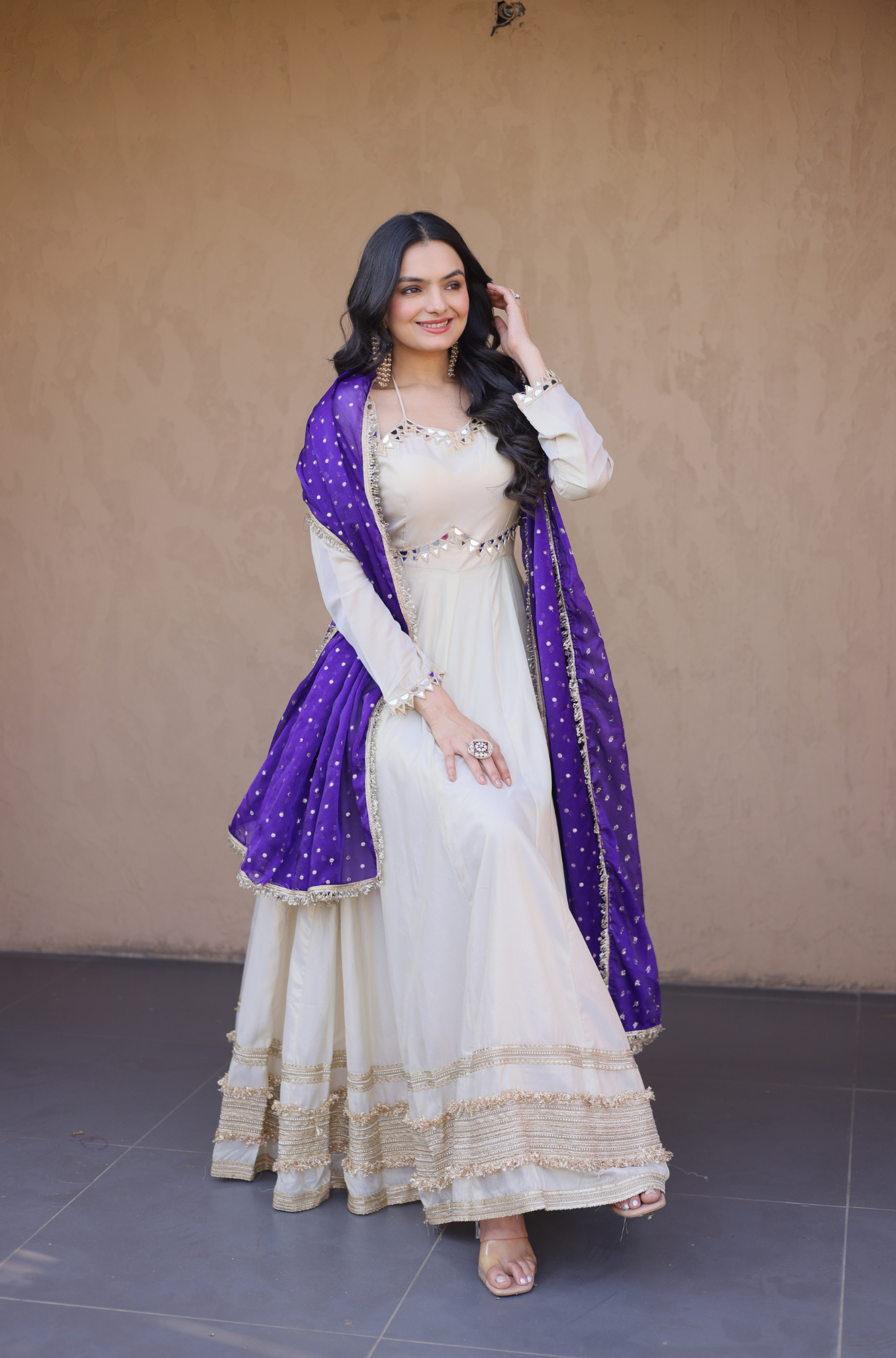 Women Mirror Work Anarkali Gown with Contrast Dupatta
