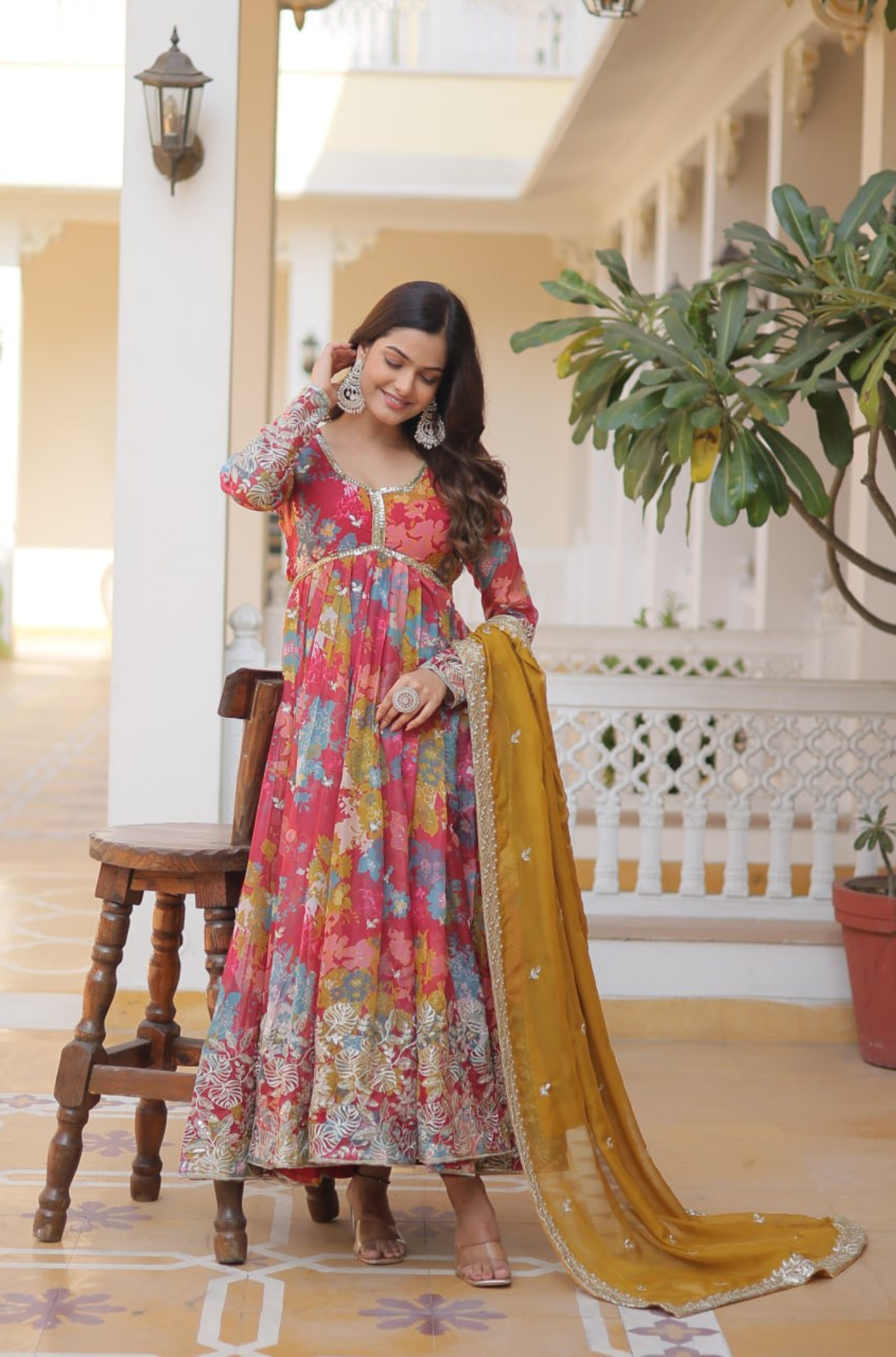 Women’s Floral Print Anarkali Gown with Dupatta Set