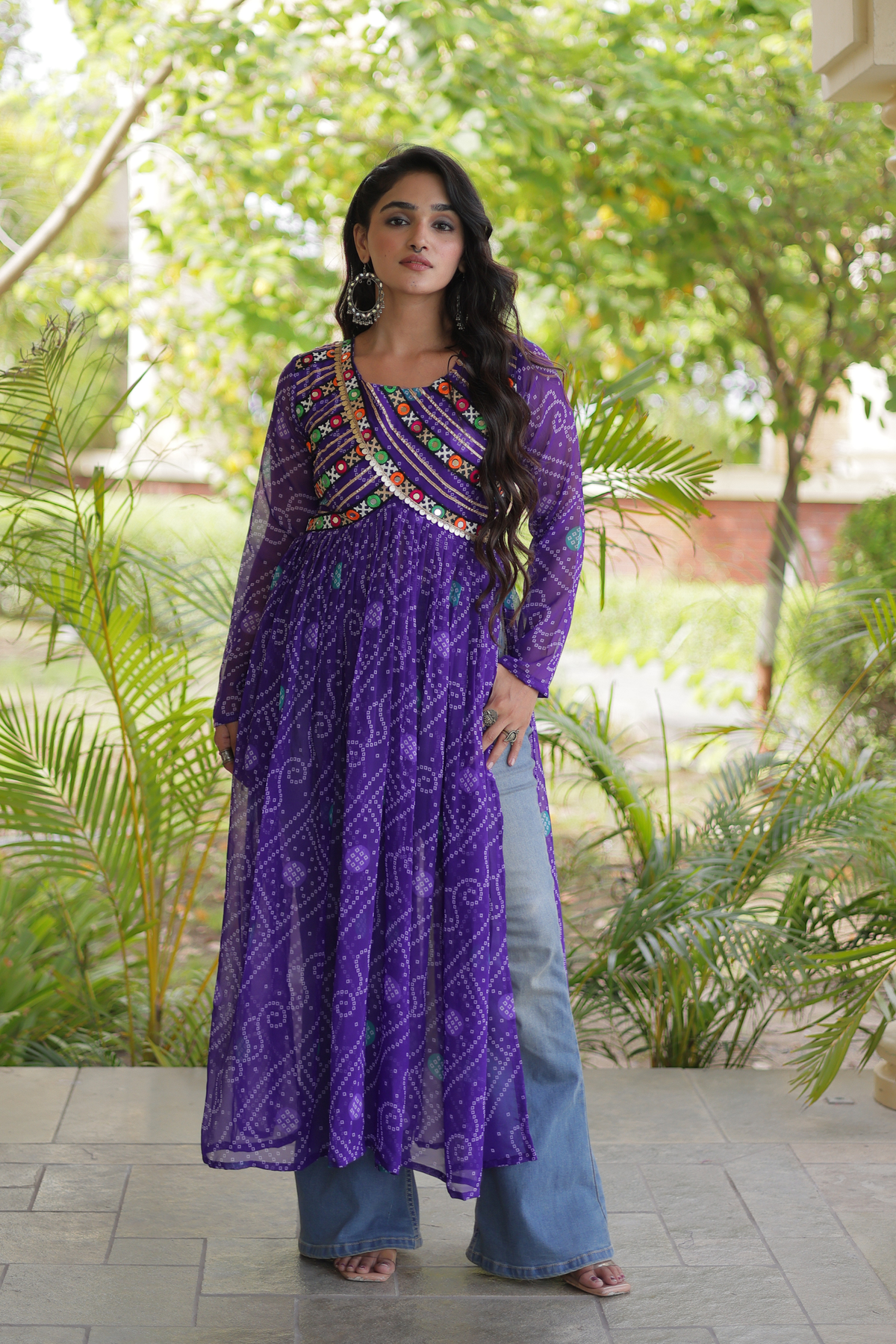 Women’s Long Anarkali Kurti with Ethnic Print & Embroidery