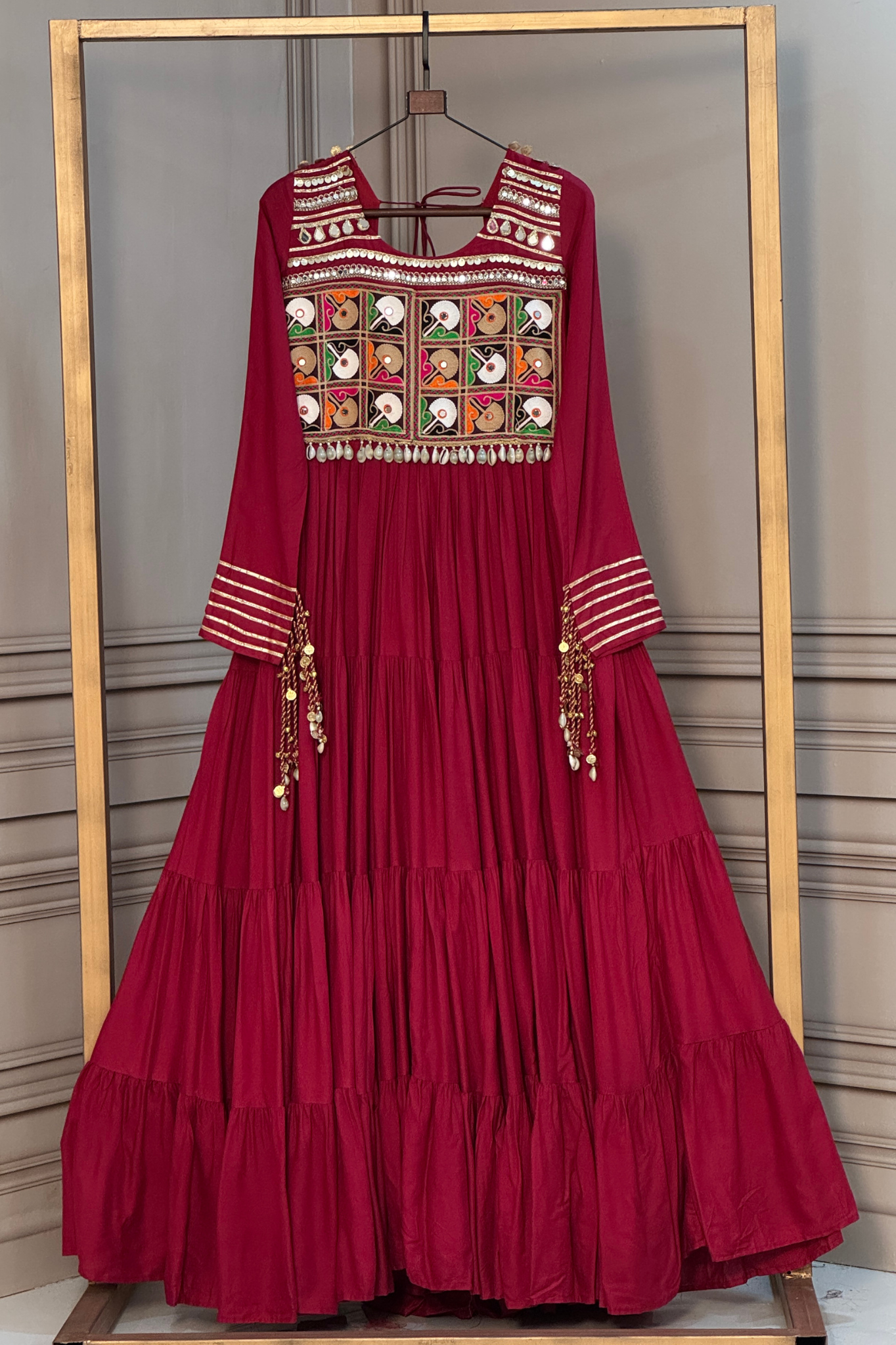 Women's Handcrafted Mirror Work Tiered Anarkali Gown
