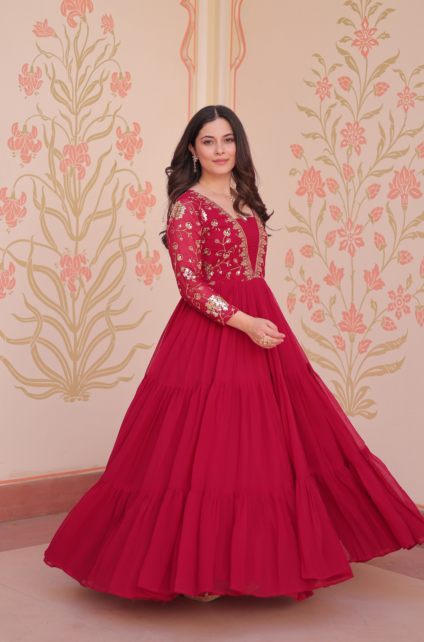 Women's Designer Embroidered Tiered Anarkali Gown
