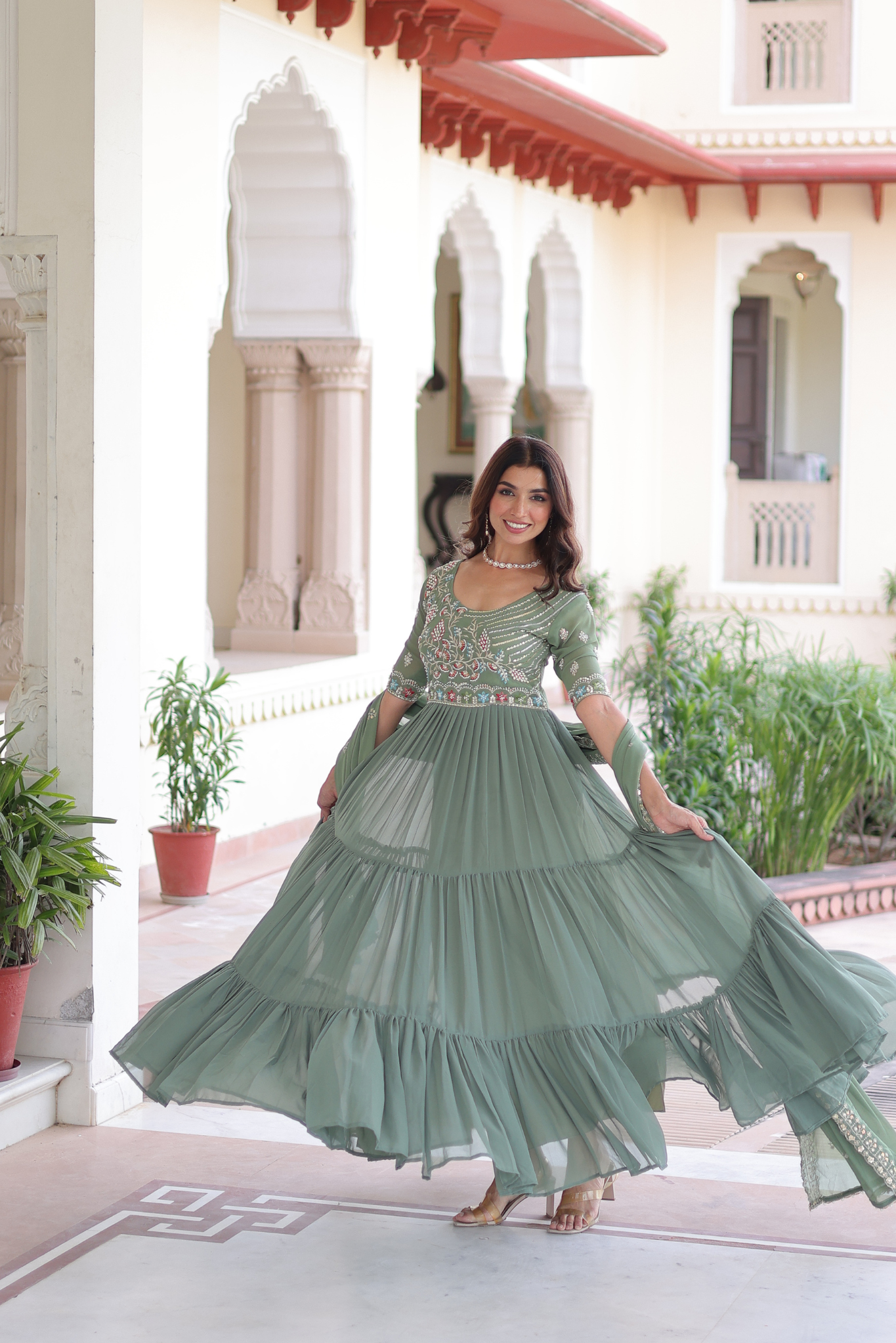 Women's Pista Green Embroidered Anarkali Gown with Dupatta