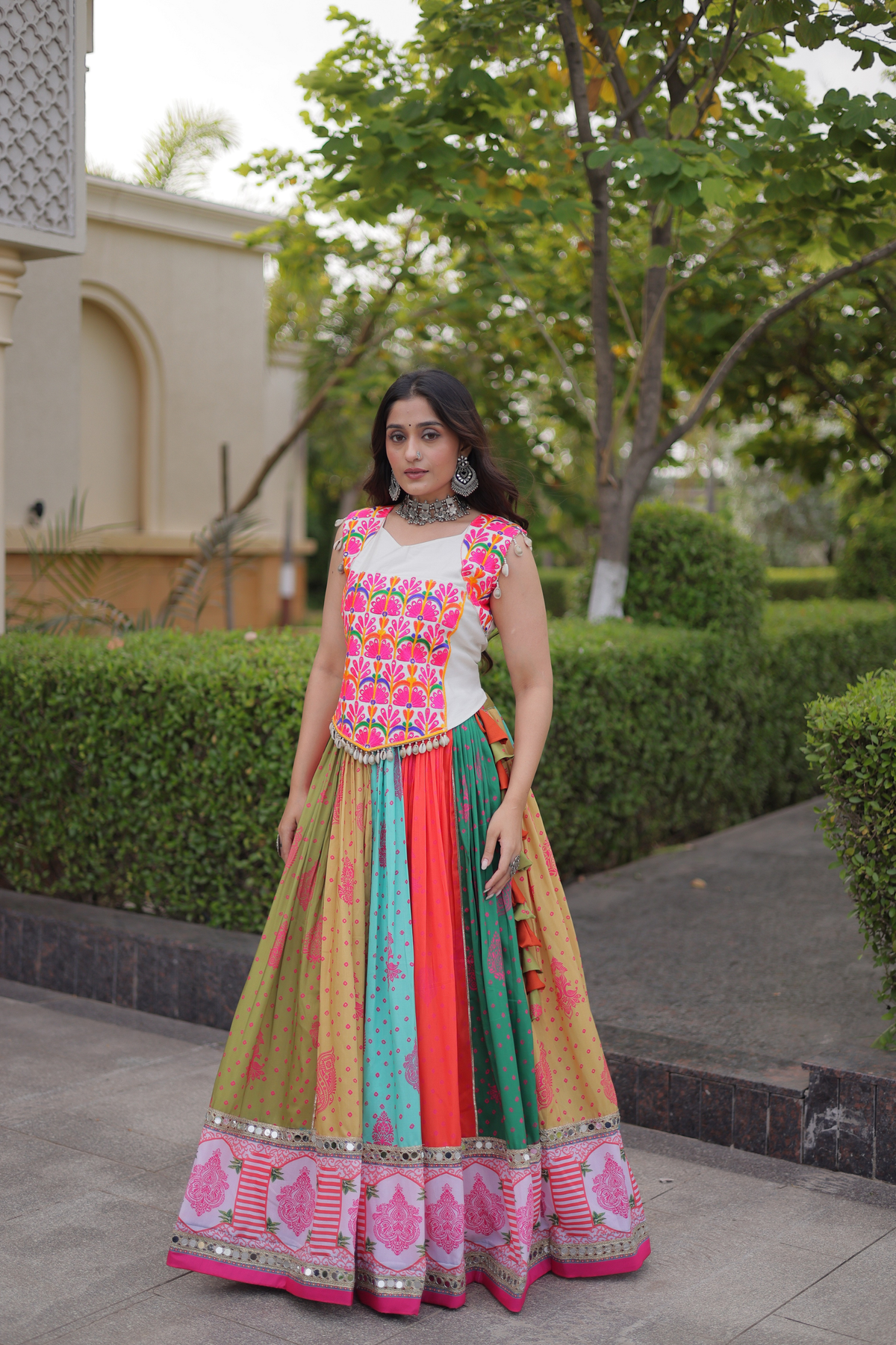 Designer Embroidered Choli with Printed Panelled Flared Lehenga