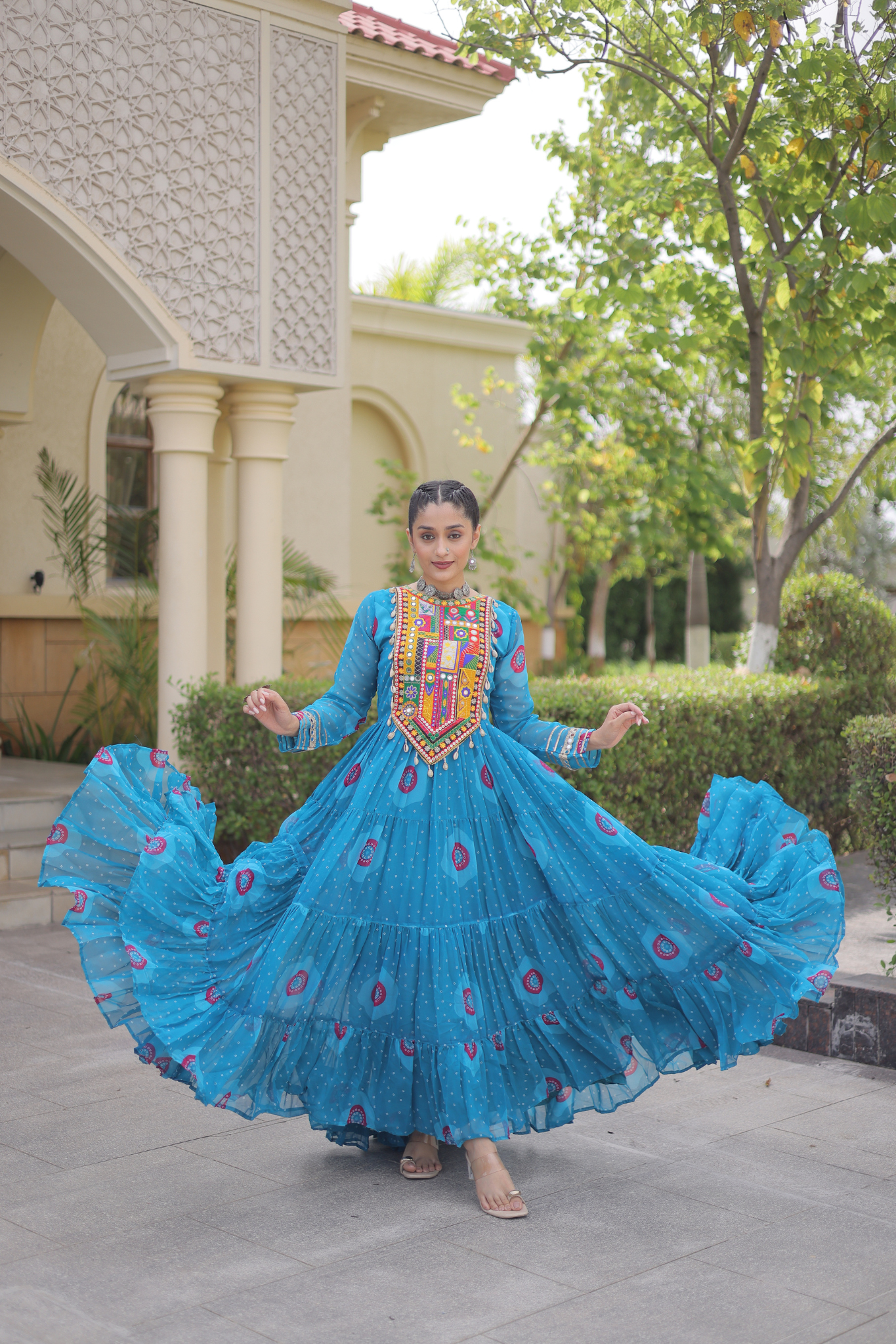 Women's Designer Kutchi Gamthi Embroidered Tiered Anarkali Gown with Mirror Work