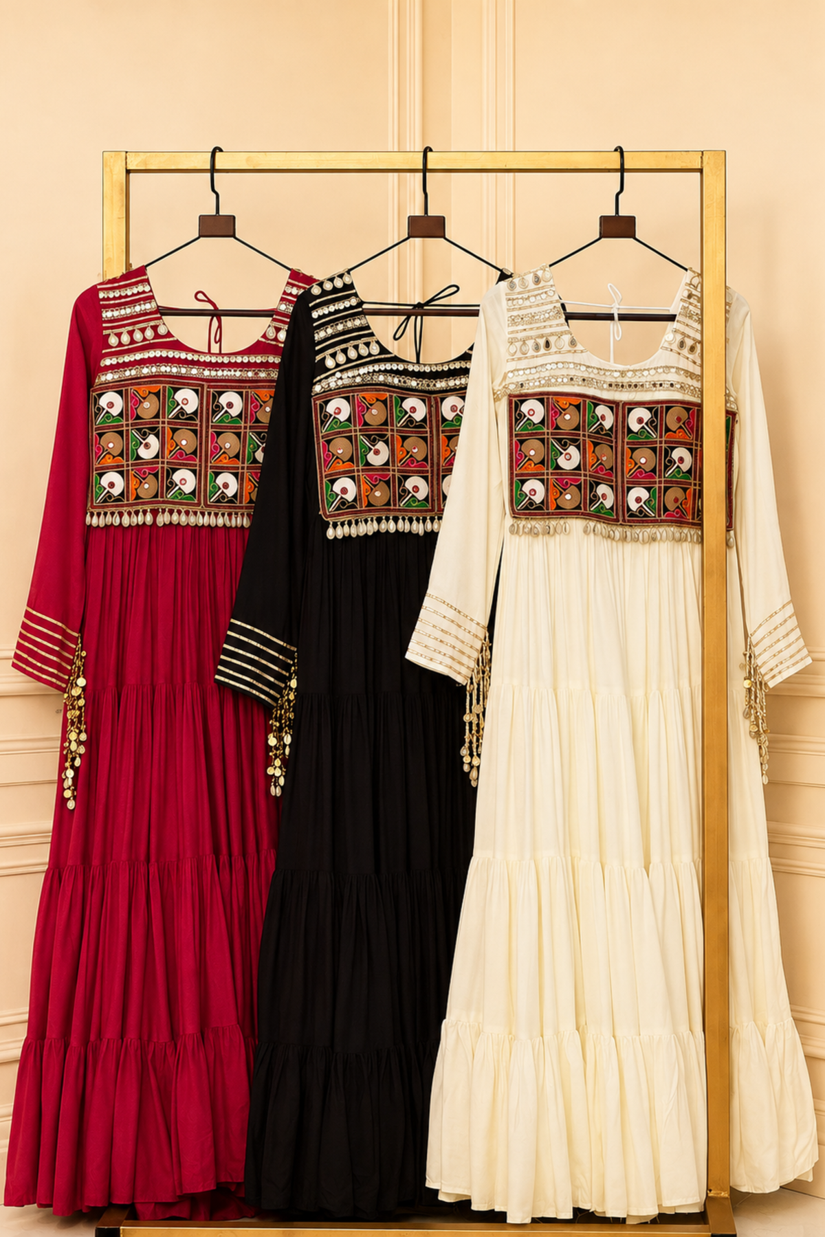 Women's Handcrafted Mirror Work Tiered Anarkali Gown