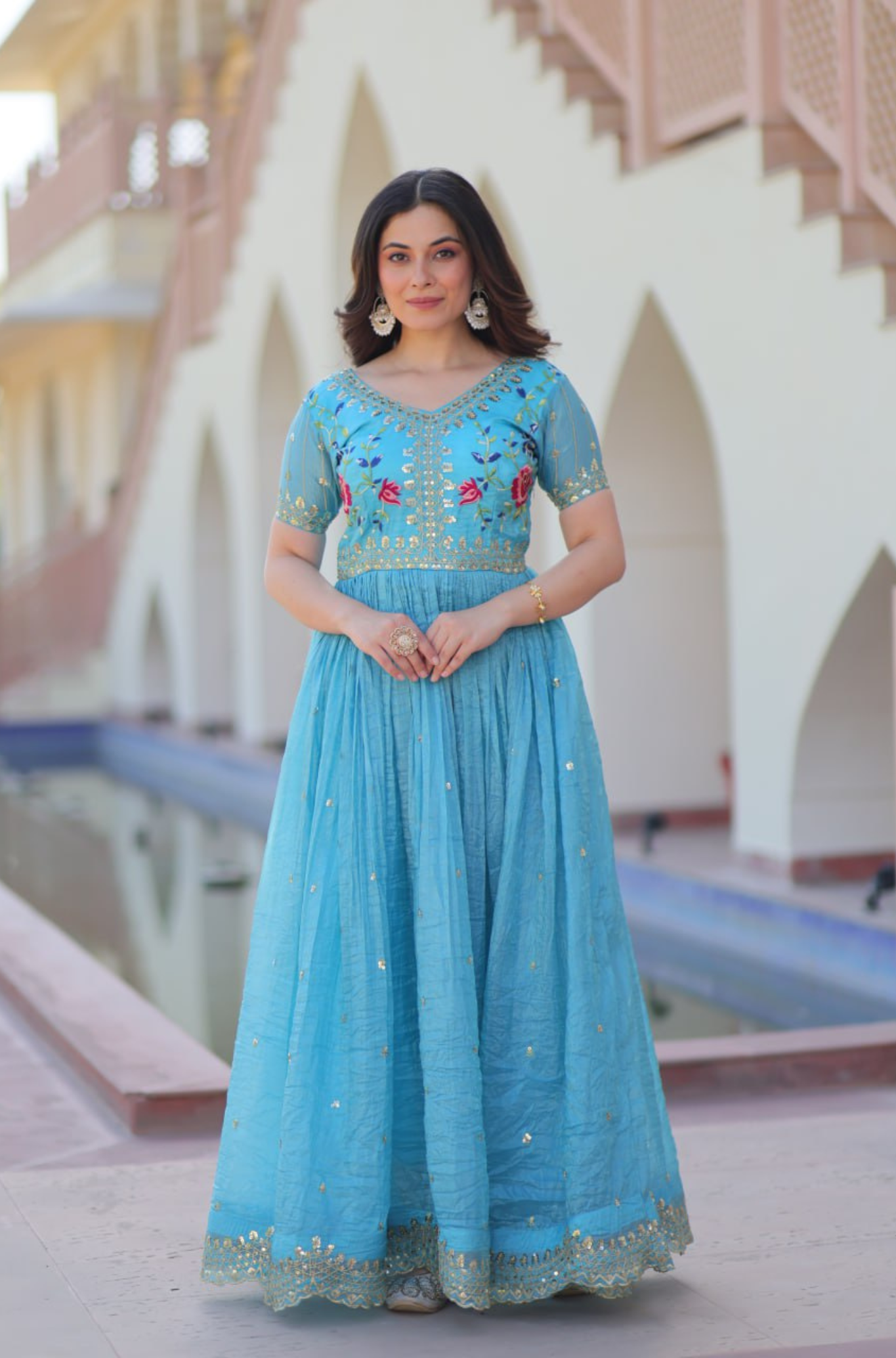 Women’s Floral Embroidered Anarkali Gown Dress