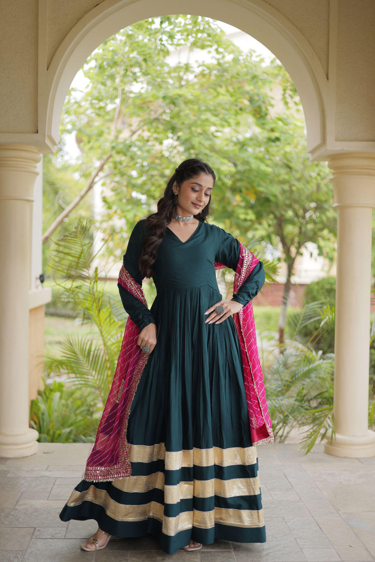 Elegant Anarkali Gown with Golden Border & Printed Dupatta