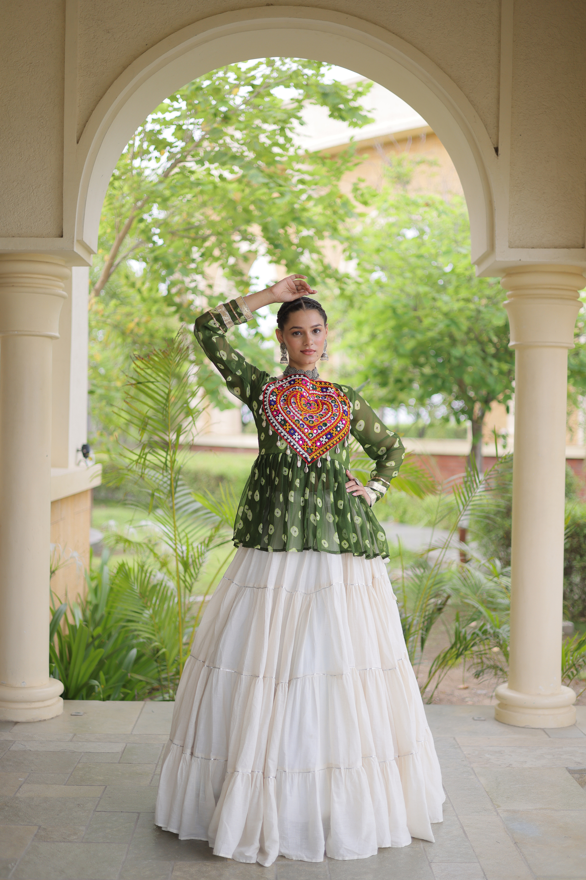 Women’s Designer Black Embroidered Peplum Top with White Flared Lehenga Skirt