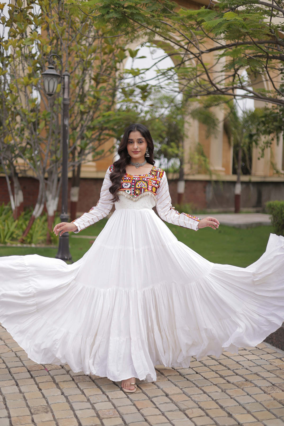 Designer Navratri Anarkali Gown with Traditional Handcrafted Yoke & Tassel Detailing