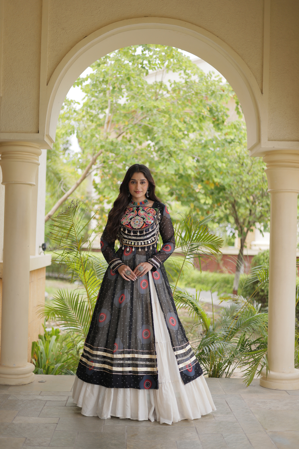 Designer Navratri Lehenga with Traditional Embellished Shrug & Flared Skirt