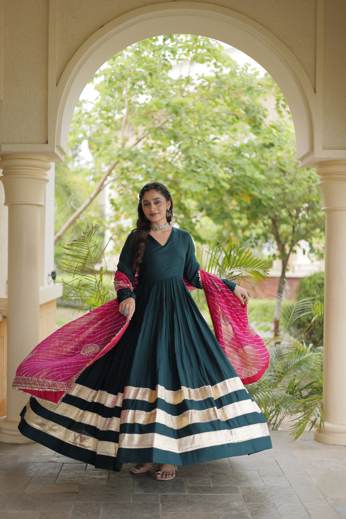 Elegant Anarkali Gown with Golden Border & Printed Dupatta