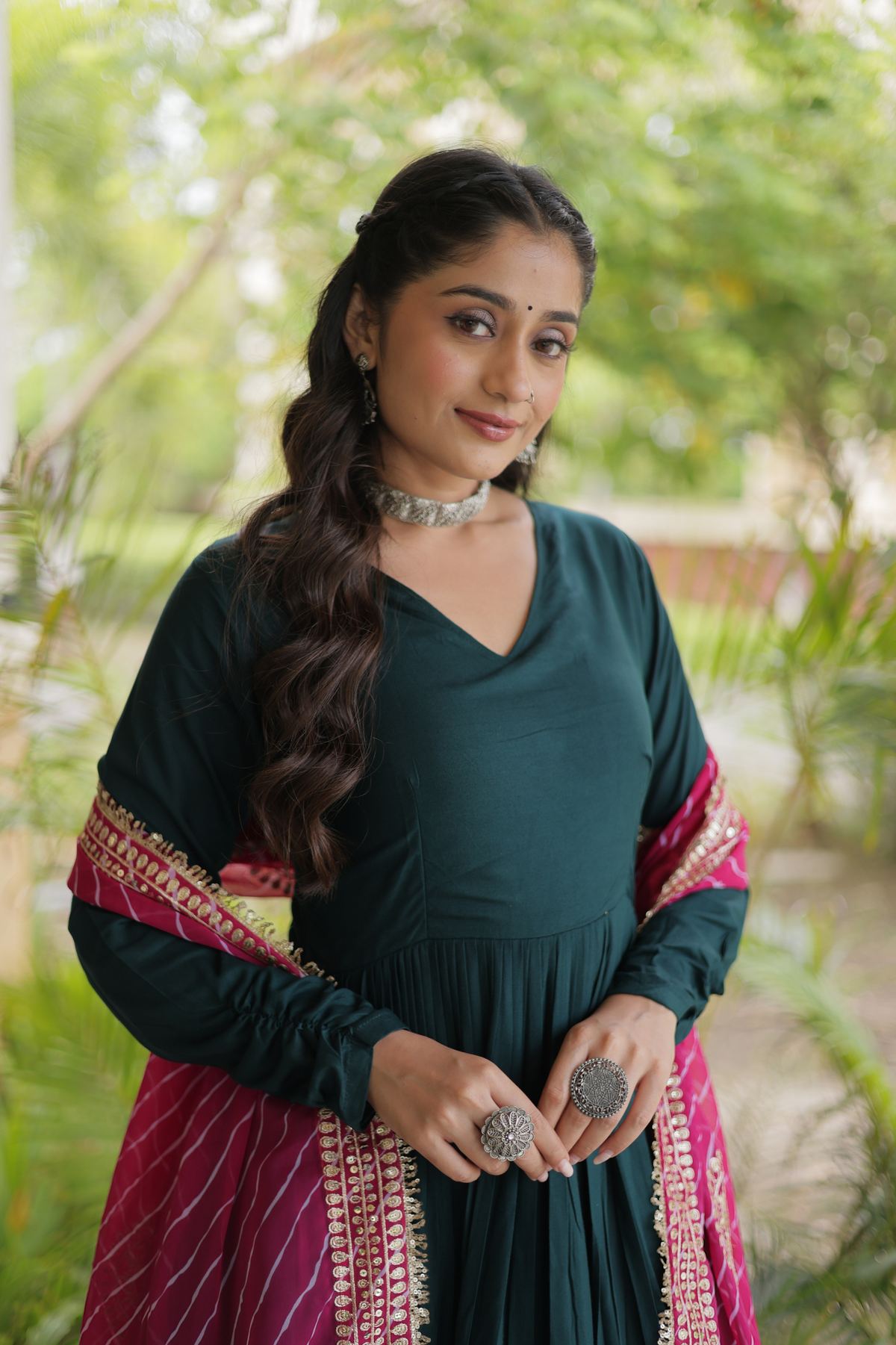 Elegant Anarkali Gown with Golden Border & Printed Dupatta