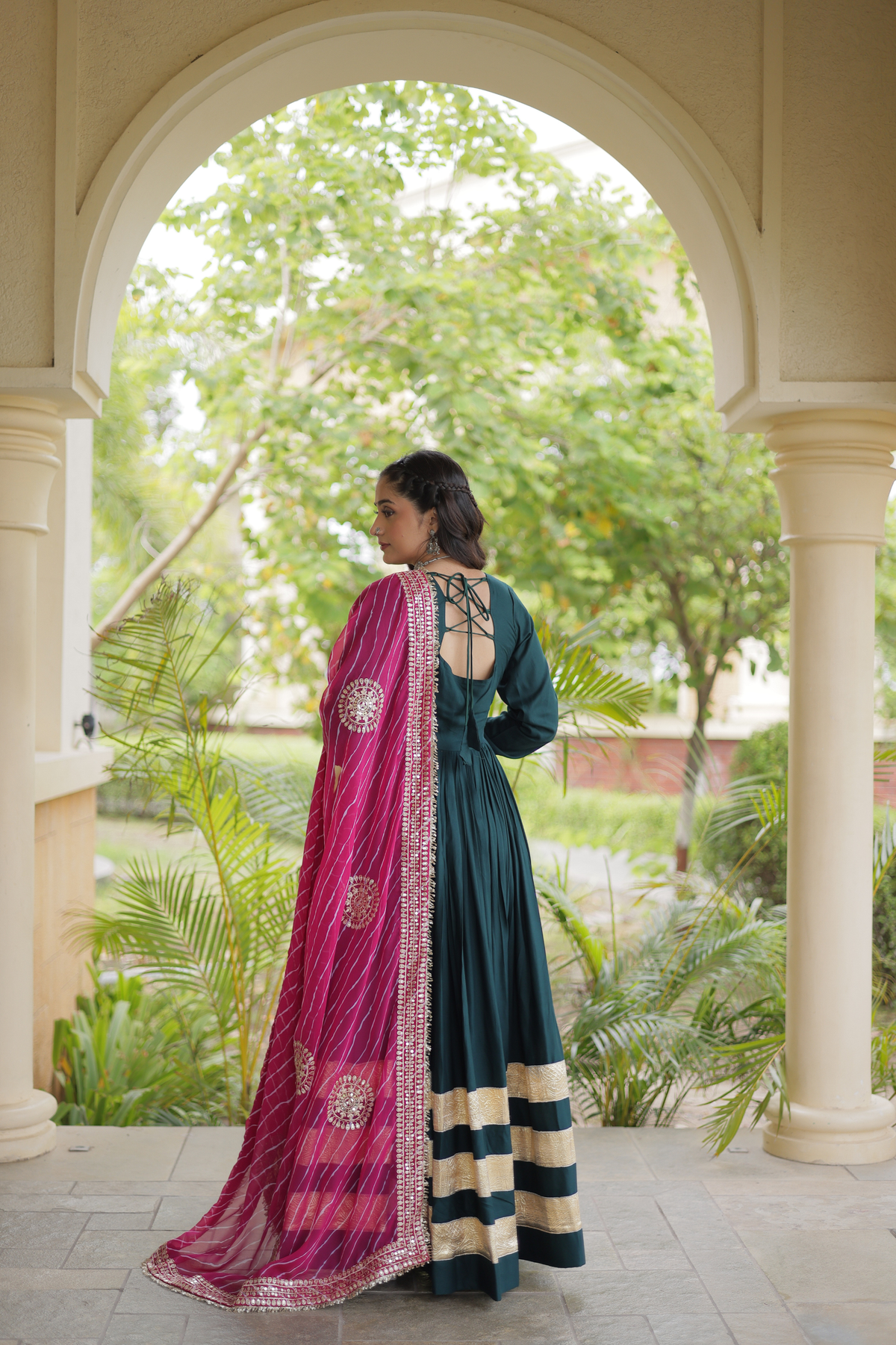 Elegant Anarkali Gown with Golden Border & Printed Dupatta