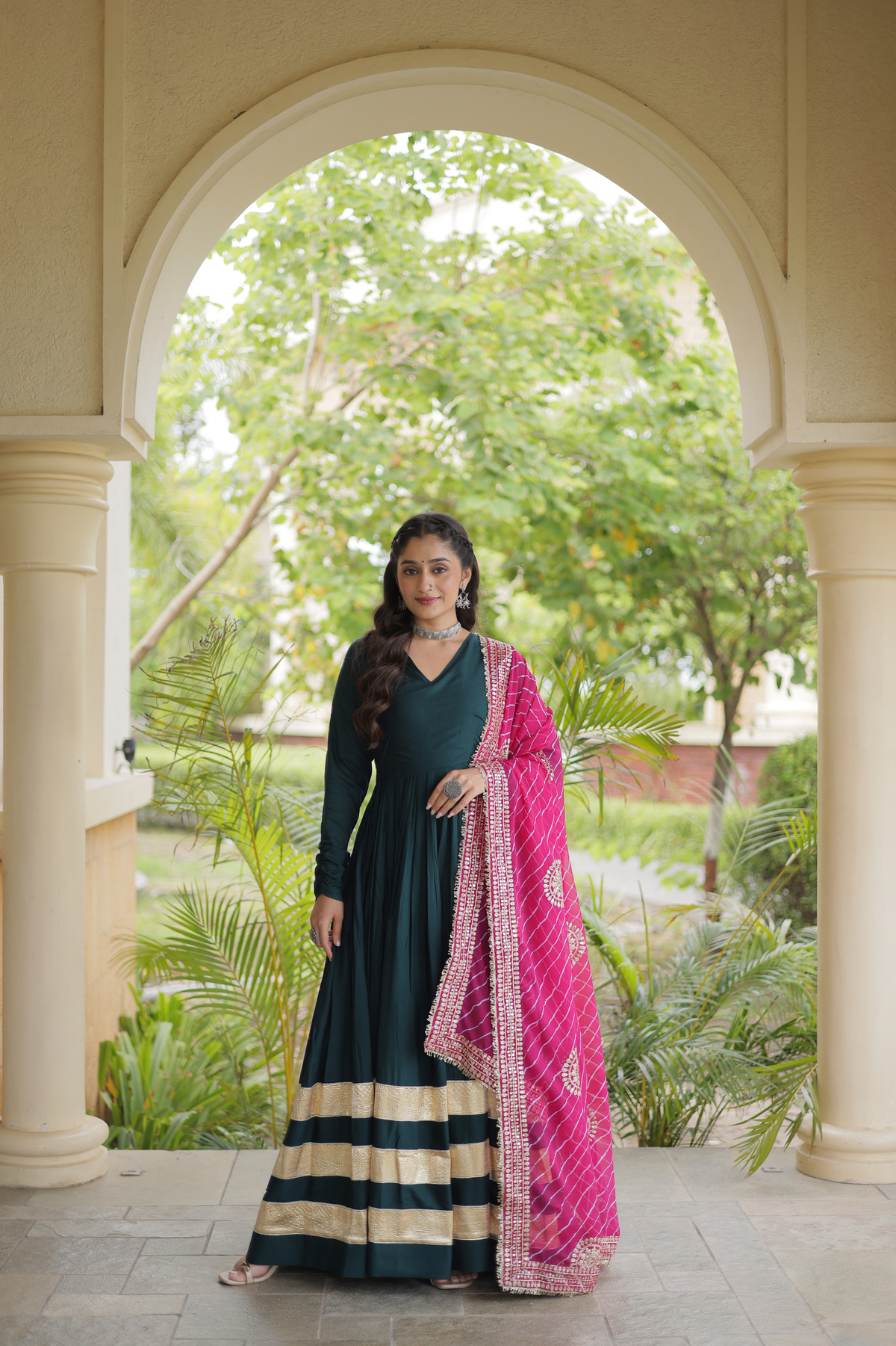 Elegant Anarkali Gown with Golden Border & Printed Dupatta