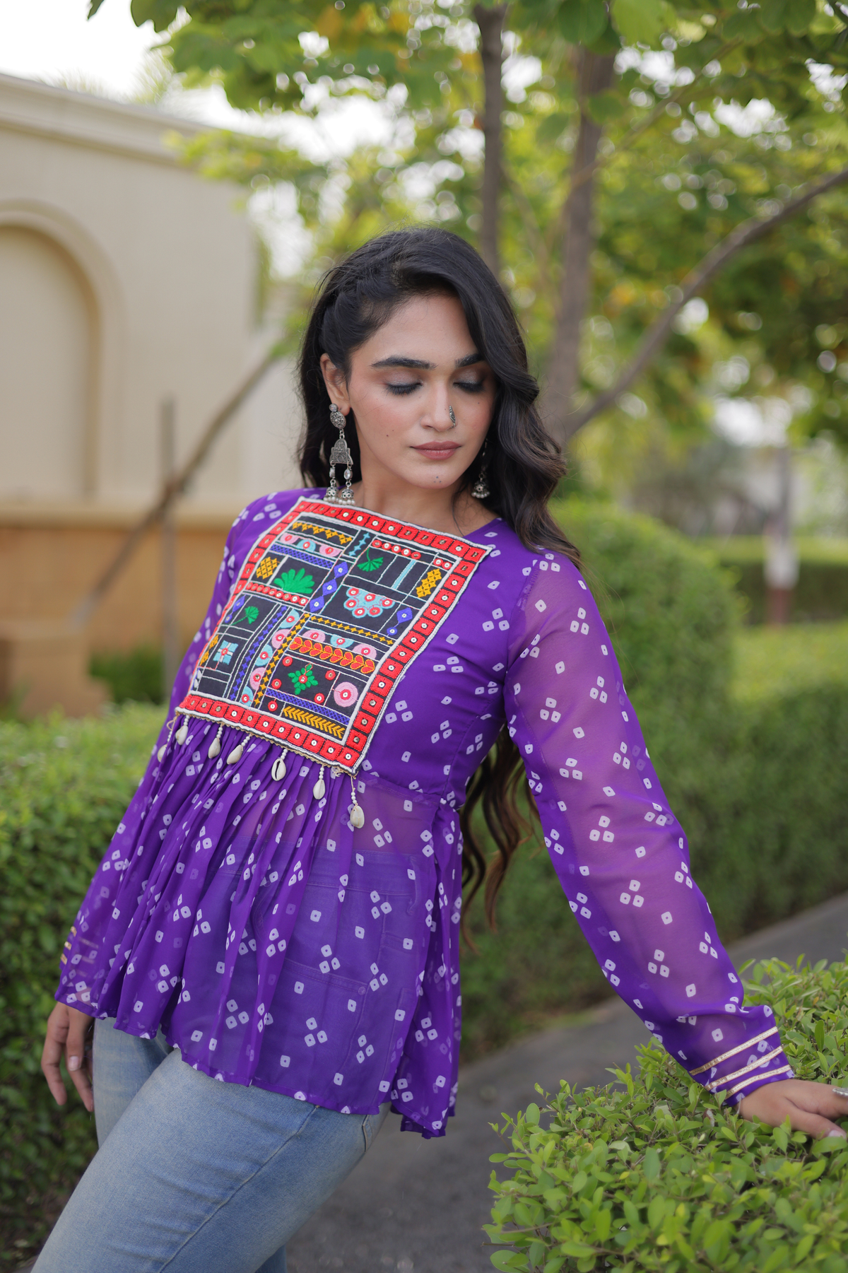 Designer Printed Peplum Top with Embroidered Yoke & Flared Hem