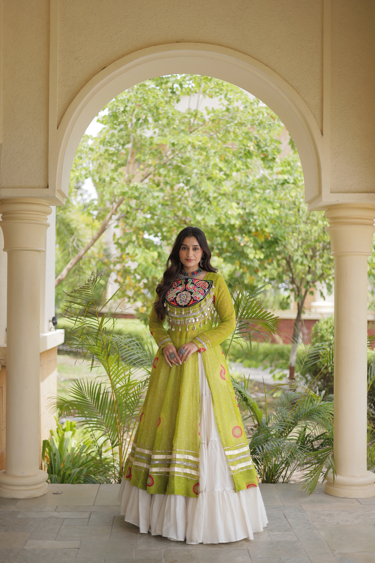 Designer Navratri Lehenga with Traditional Embellished Shrug & Flared Skirt