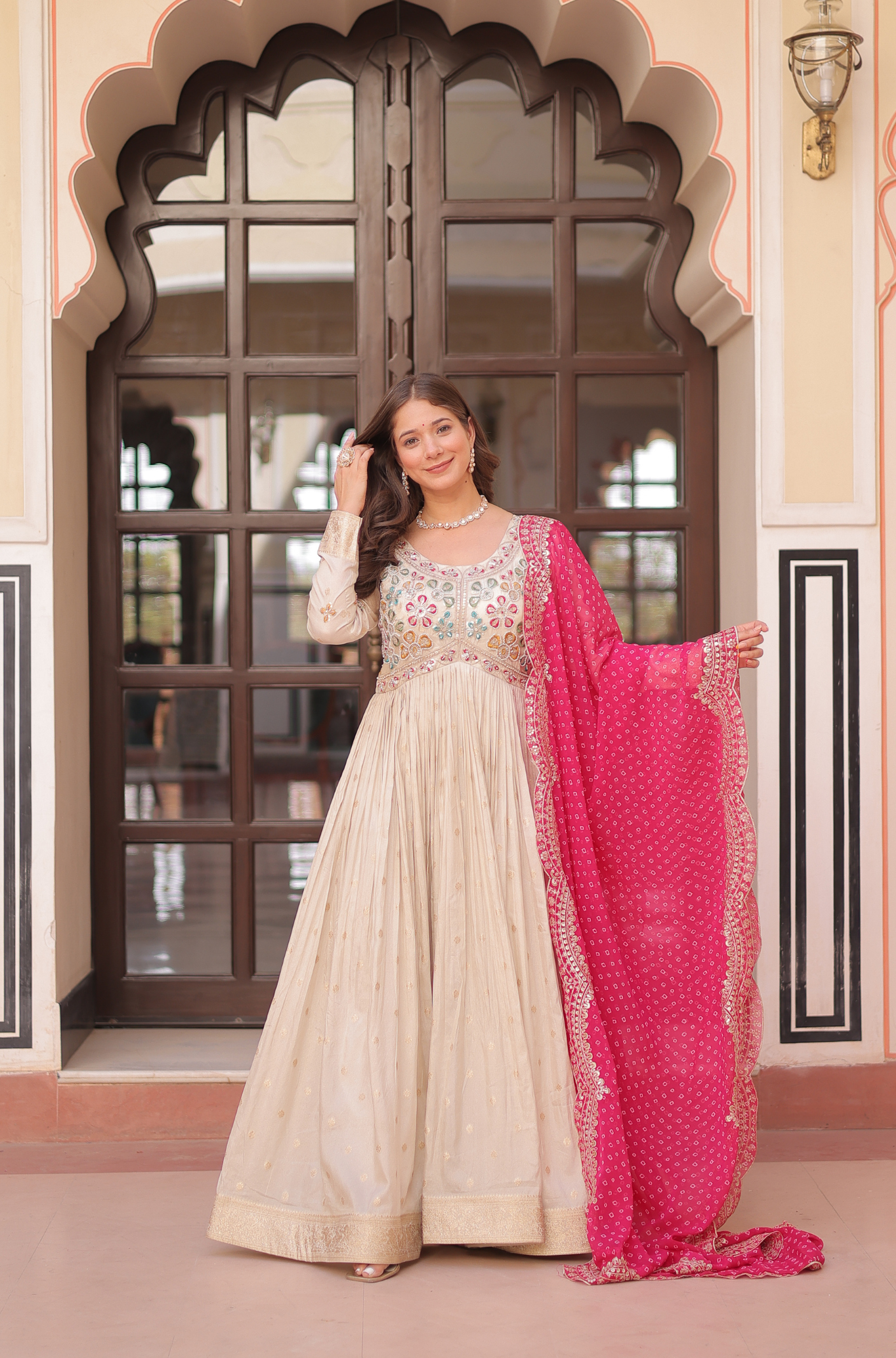 Women Mirror Embroidered Anarkali Gown with Bandhani Dupatta
