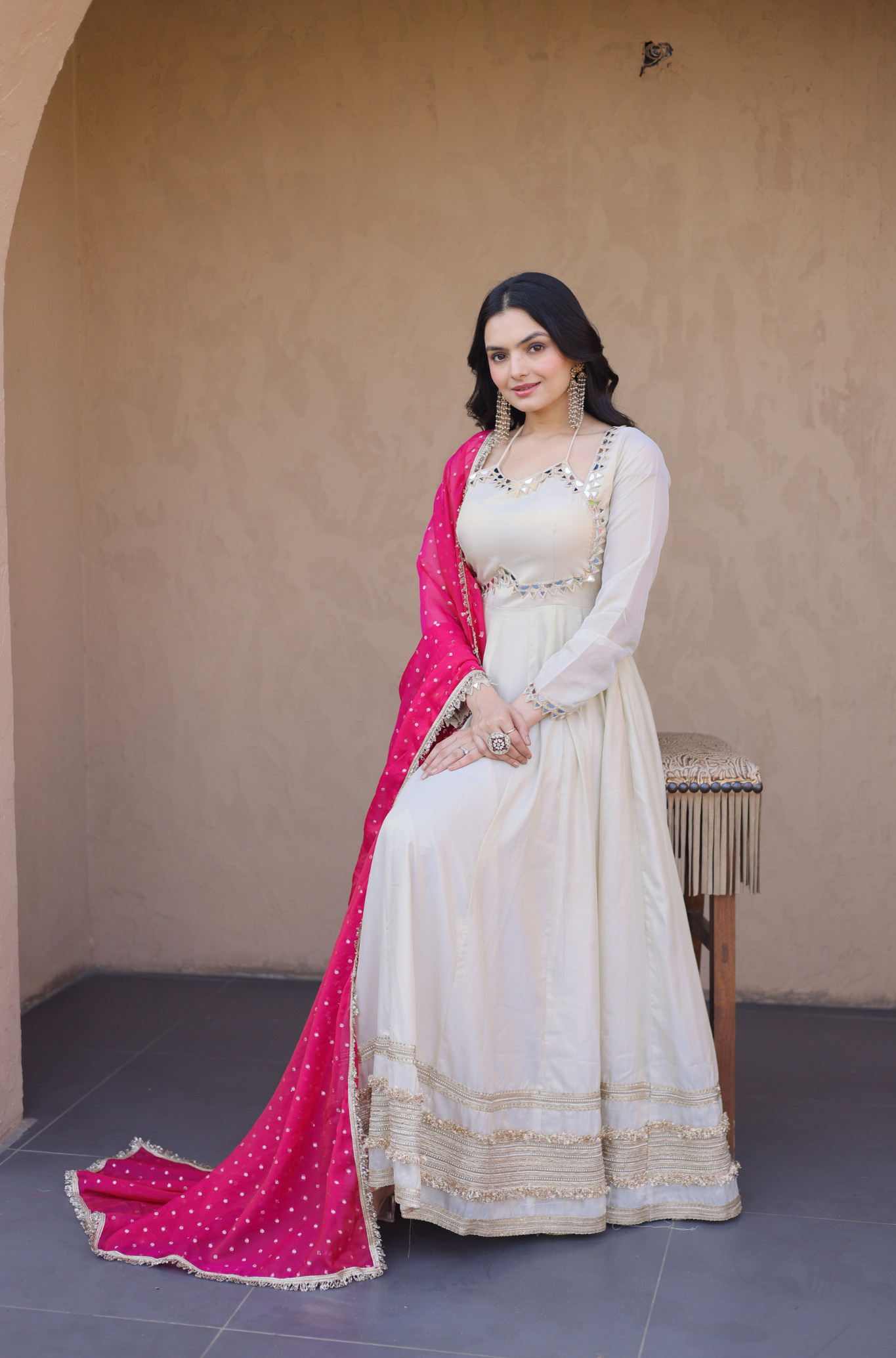 Women Mirror Work Anarkali Gown with Contrast Dupatta