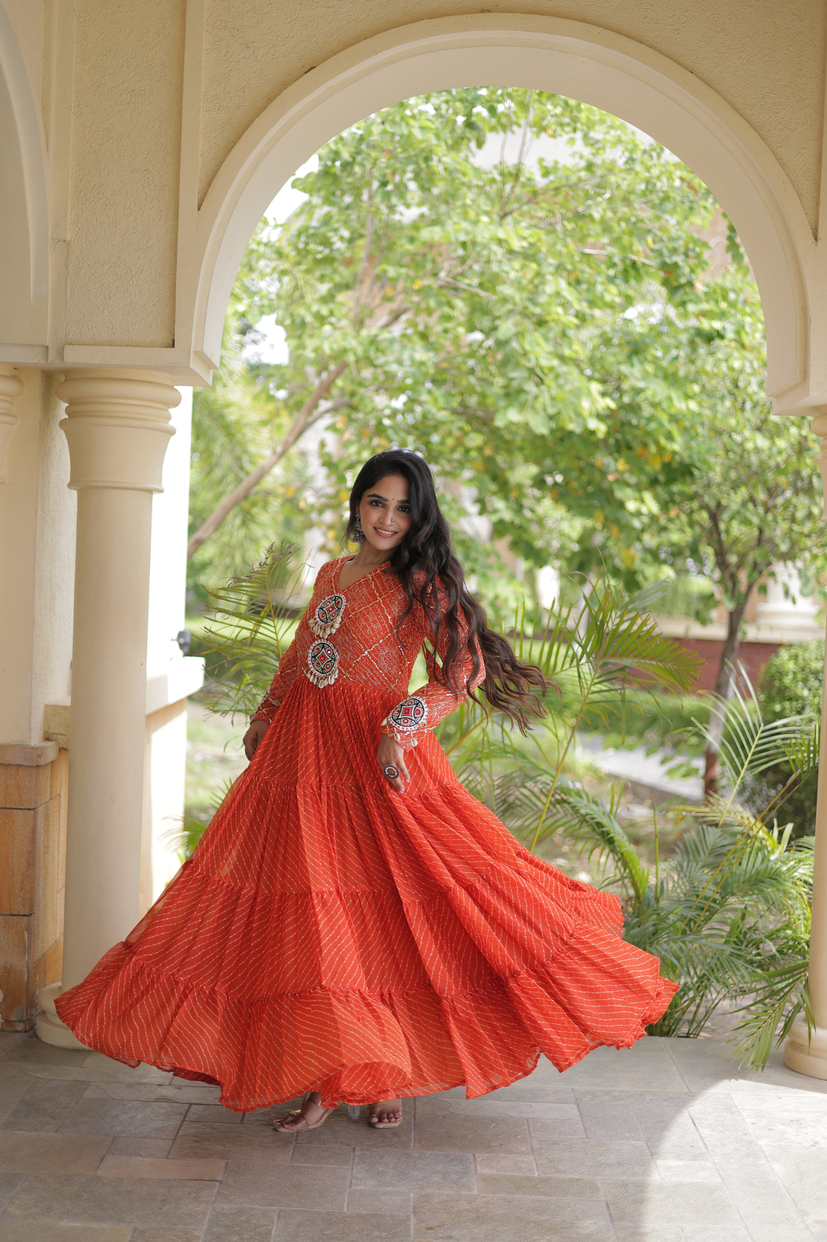 Navratri Special Bandhani Anarkali Gown with Mirror Work & Traditional Embroidered Yoke