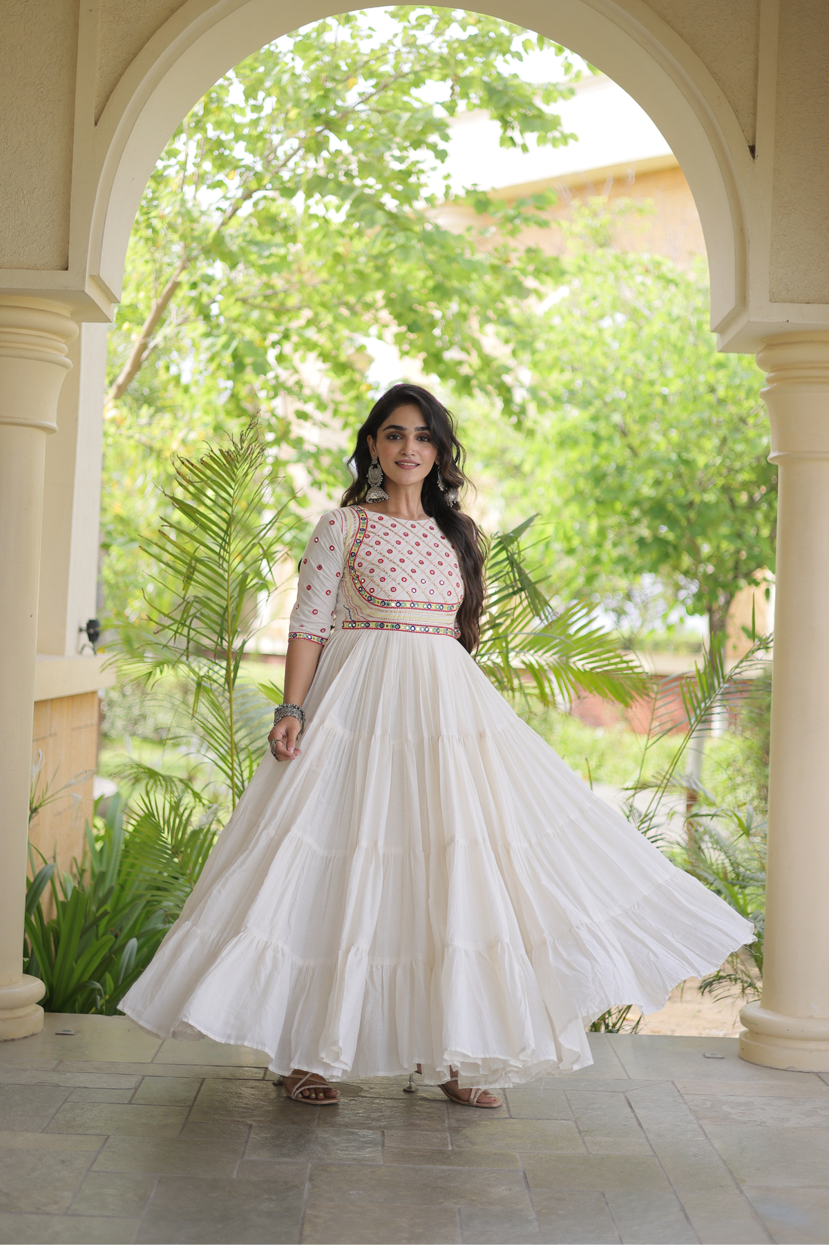 Women’s Designer Anarkali Gown with Embroidered Bodice & Flared Tiered Design | Festive Ethnic Wear