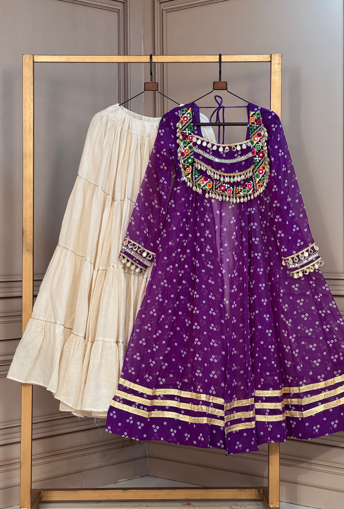 Premium Bandhani shrug with Kutchi Mirror Work & Gota Lace Detailing lehenga