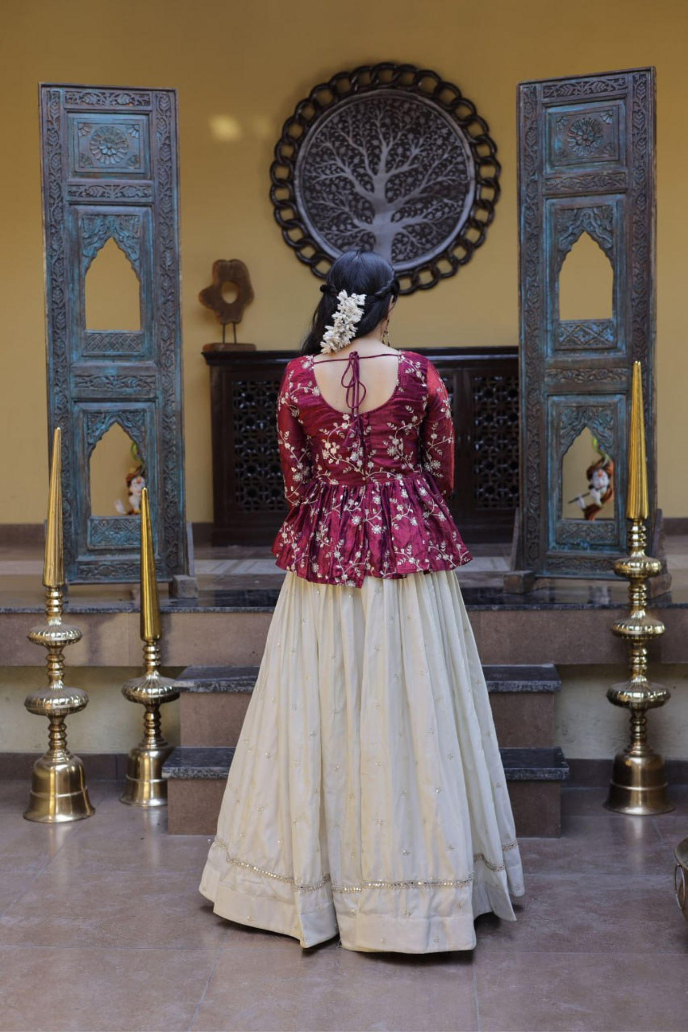 Women's Embroidered Peplum Top with Flared Skirt Set