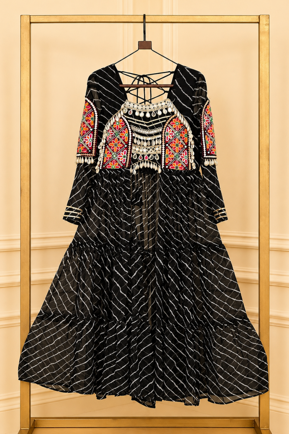 Women’s Ethnic Anarkali Gown with Bandhani Print & Embroidered Kutchi Work | Festive Wear