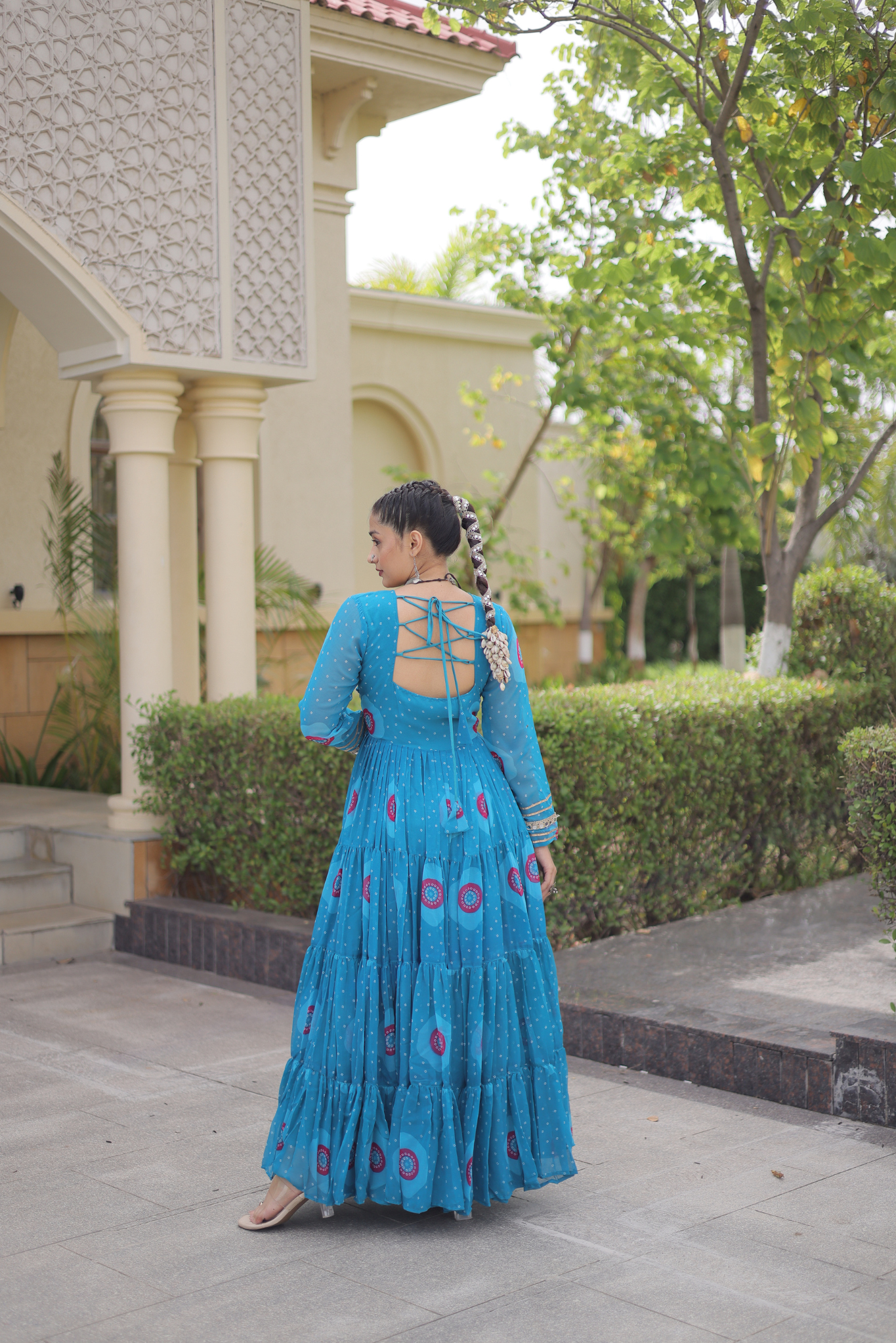 Women's Designer Kutchi Gamthi Embroidered Tiered Anarkali Gown with Mirror Work