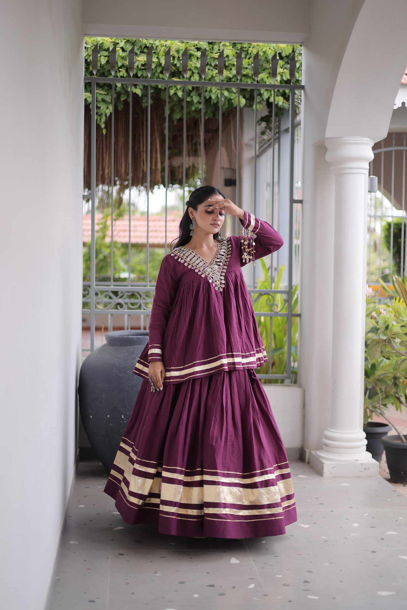 Women's Designer Ethnic Co-Ord Set with Mirror Work Peplum Top & Long Flared Skirt
