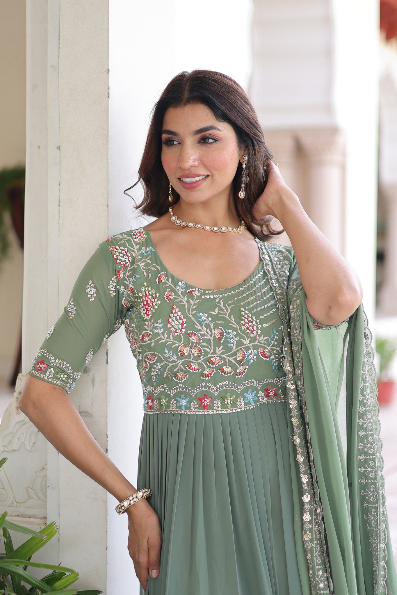 Women's Pista Green Embroidered Anarkali Gown with Dupatta