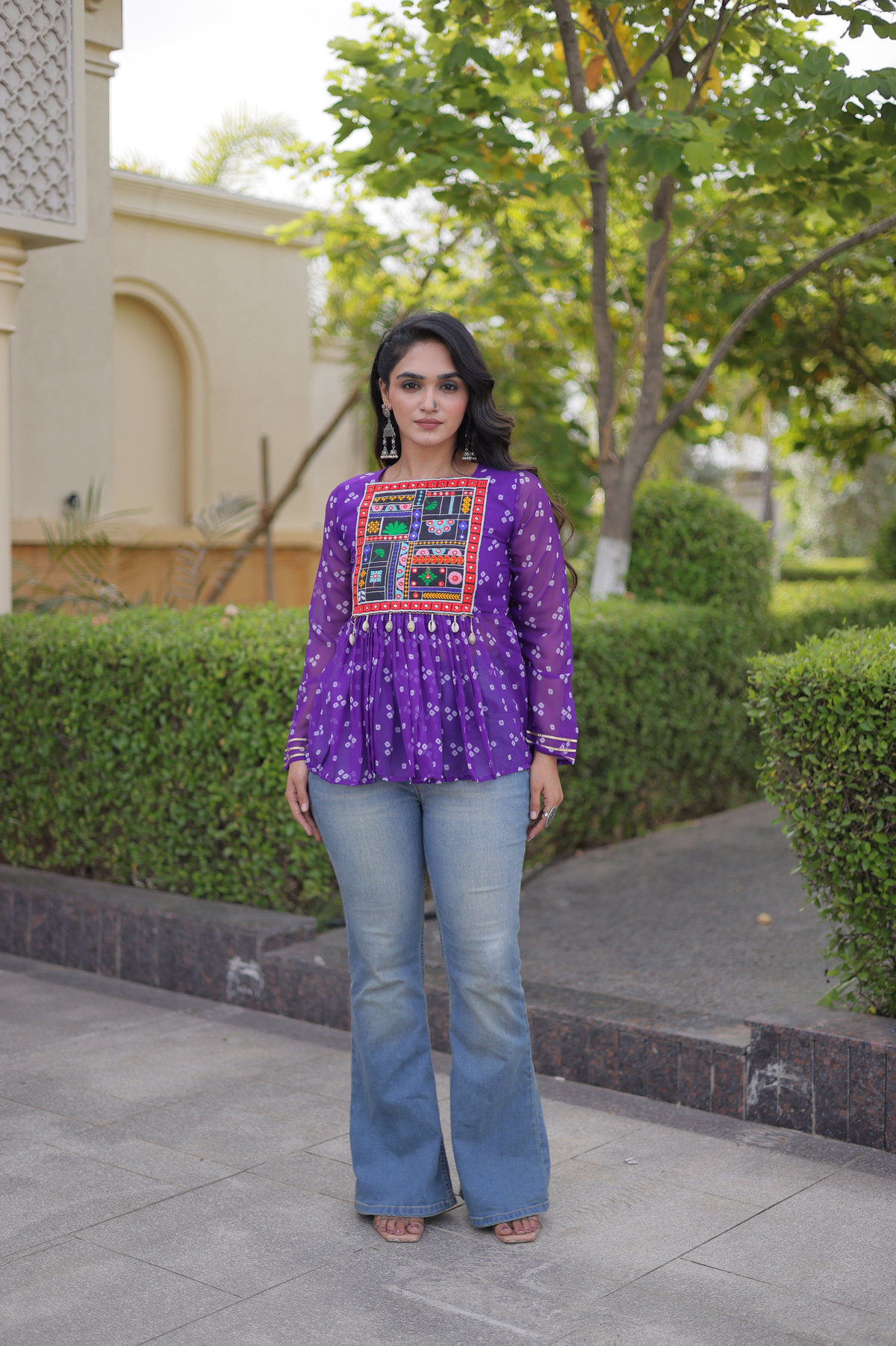 Designer Printed Peplum Top with Embroidered Yoke & Flared Hem