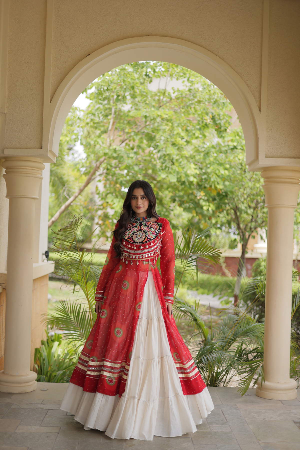Designer Navratri Lehenga with Traditional Embellished Shrug & Flared Skirt