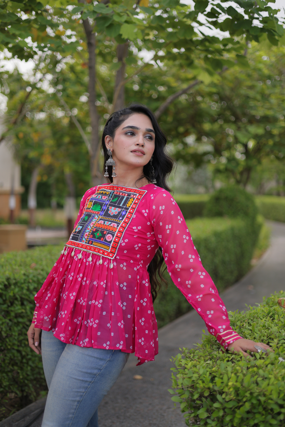 Designer Printed Peplum Top with Embroidered Yoke & Flared Hem