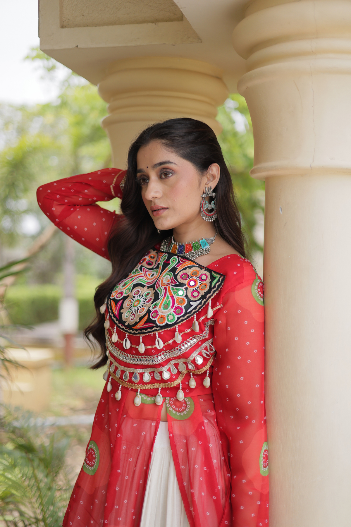 Designer Navratri Lehenga with Traditional Embellished Shrug & Flared Skirt