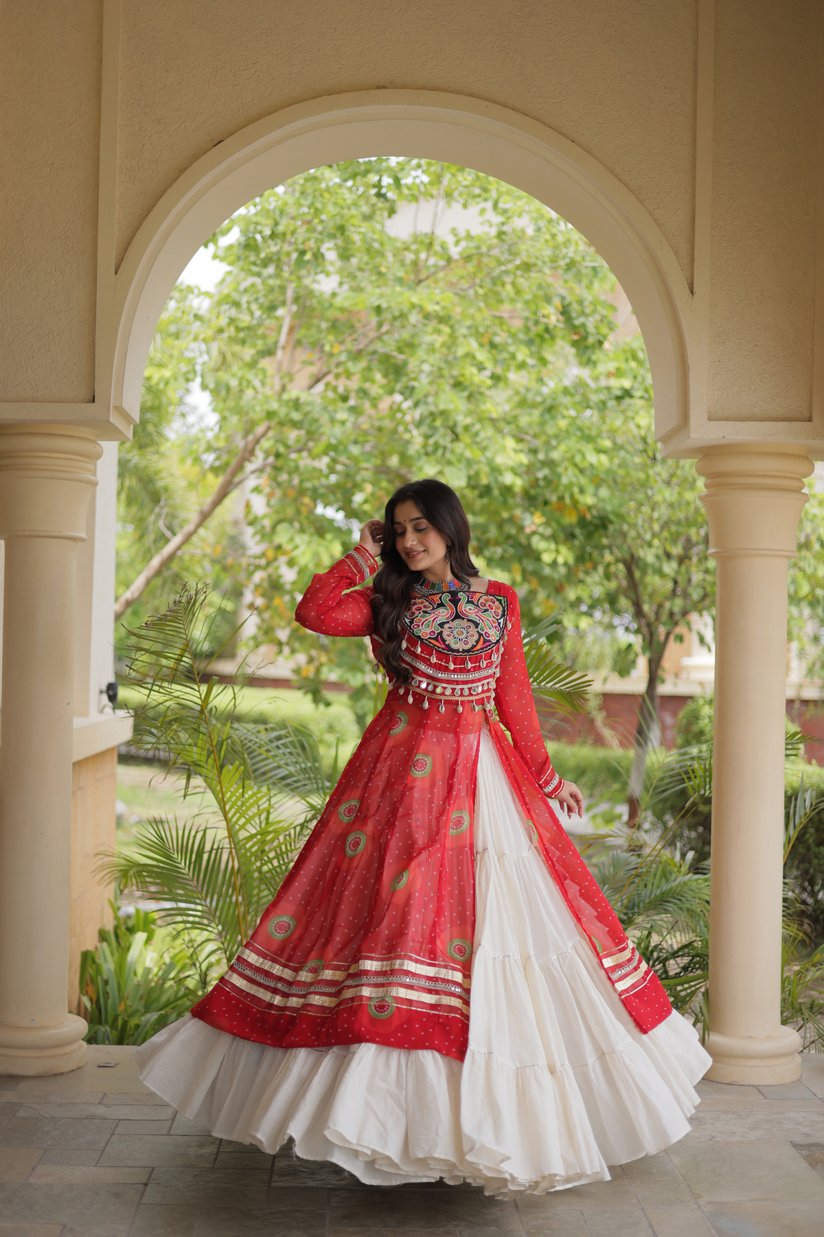Designer Navratri Lehenga with Traditional Embellished Shrug & Flared Skirt