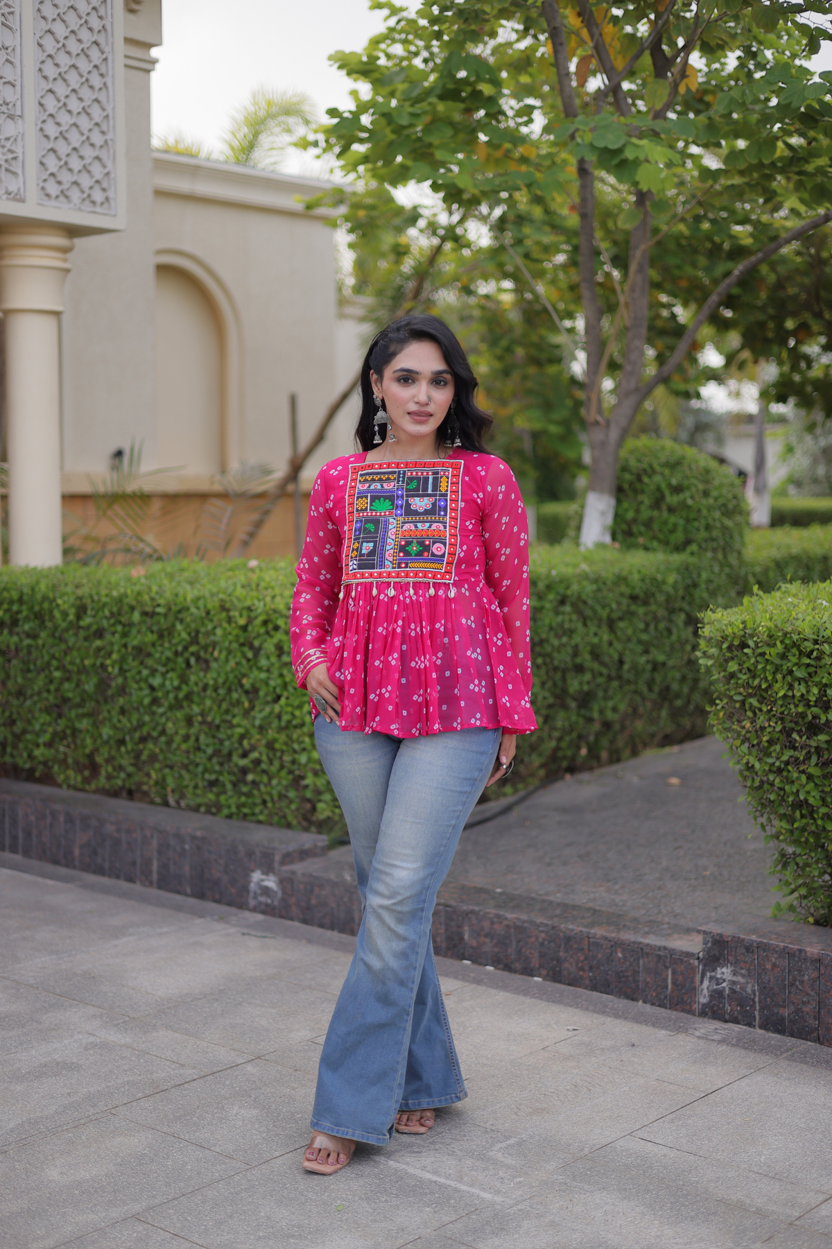 Designer Printed Peplum Top with Embroidered Yoke & Flared Hem
