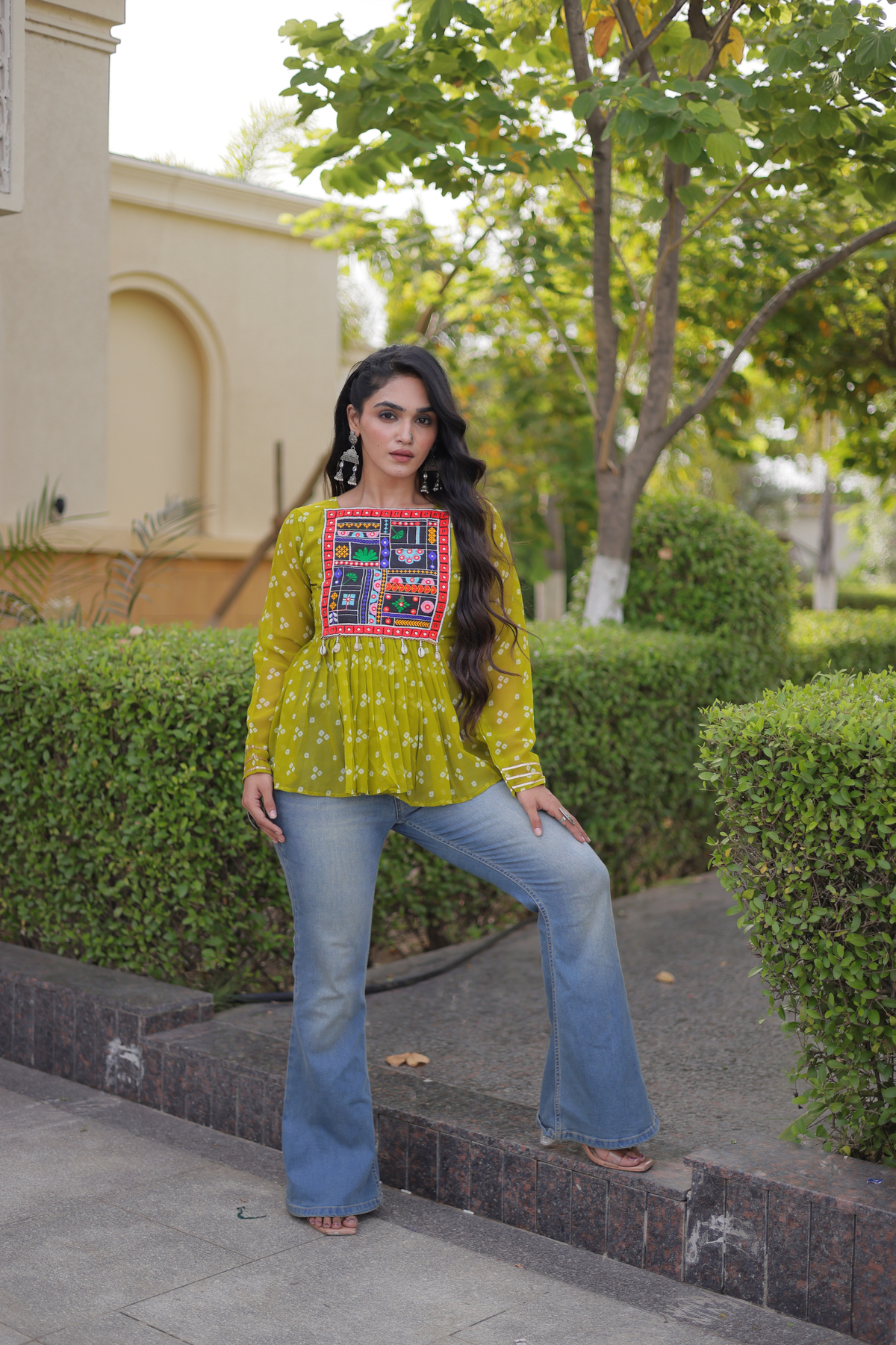 Designer Printed Peplum Top with Embroidered Yoke & Flared Hem