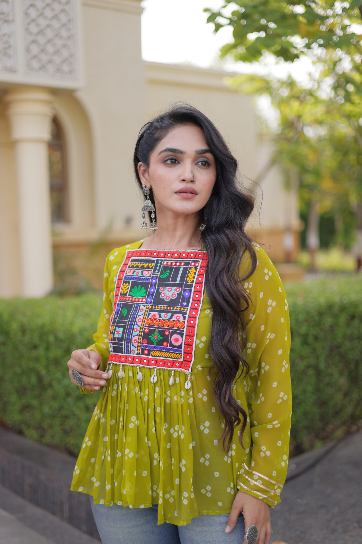 Designer Printed Peplum Top with Embroidered Yoke & Flared Hem