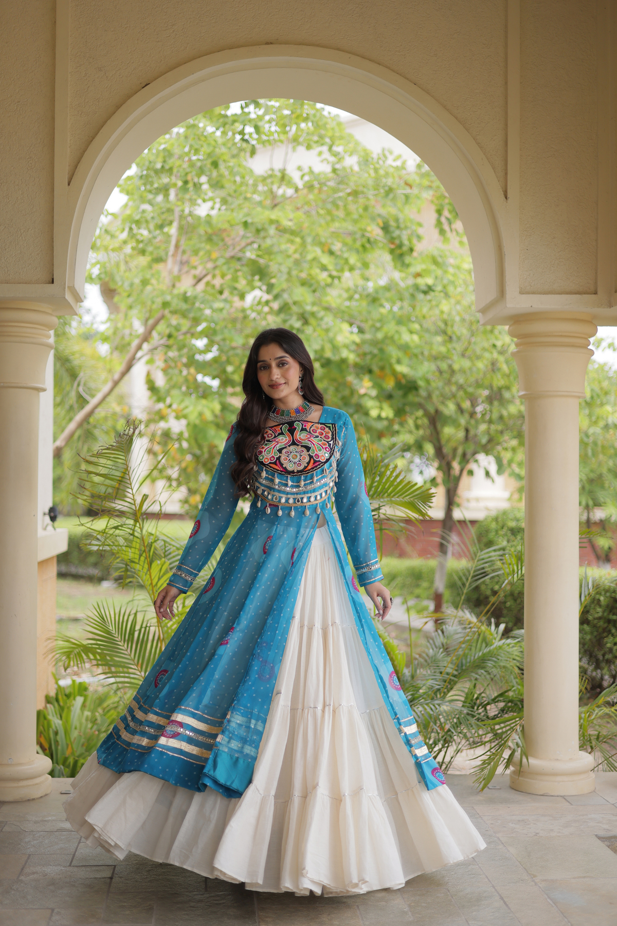 Designer Navratri Lehenga with Traditional Embellished Shrug & Flared Skirt