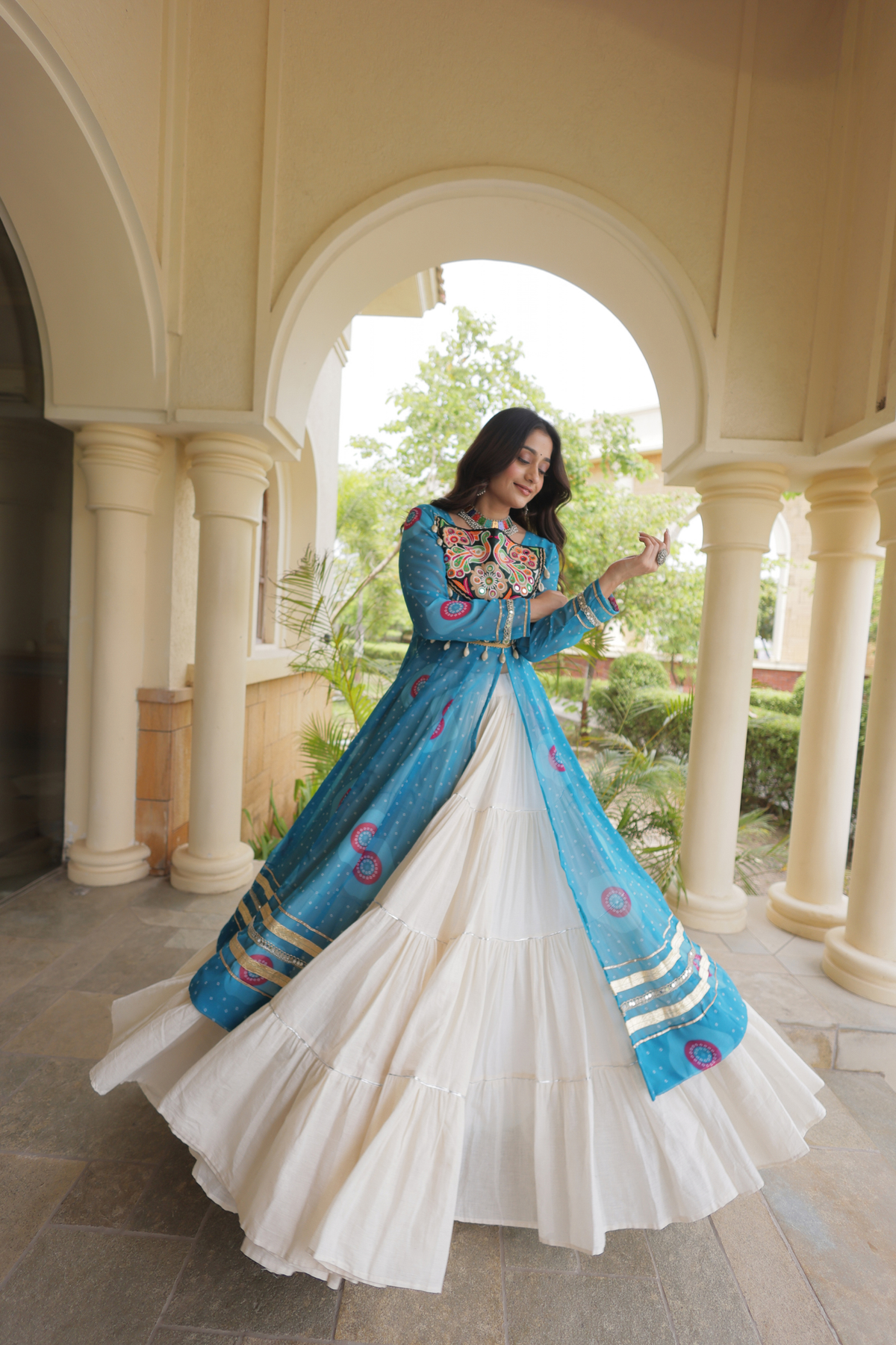 Designer Navratri Lehenga with Traditional Embellished Shrug & Flared Skirt