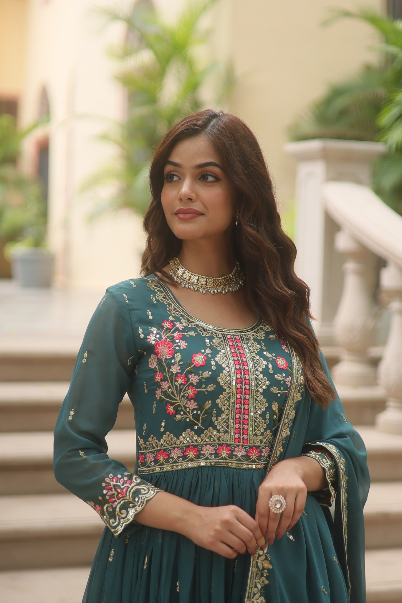 Women's Designer Floral Embroidered Anarkali Gown with Dupatta