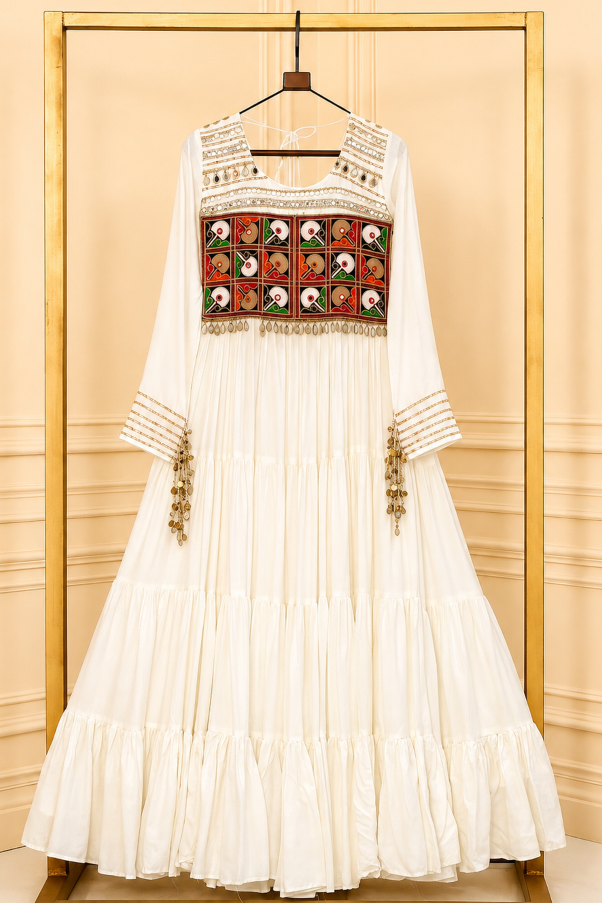 Women's Handcrafted Mirror Work Tiered Anarkali Gown