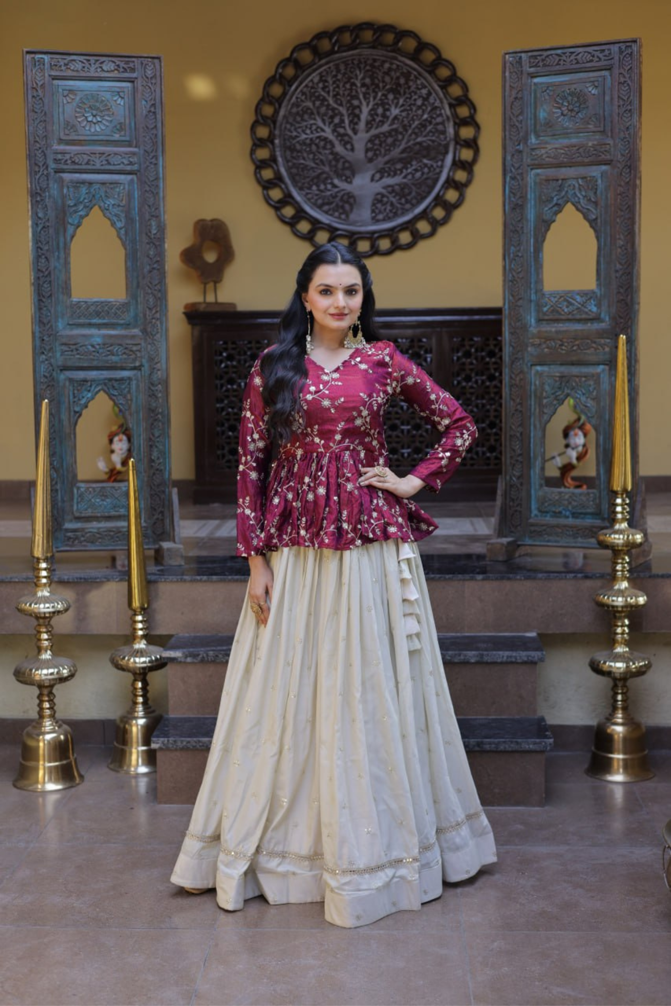 Women's Embroidered Peplum Top with Flared Skirt Set
