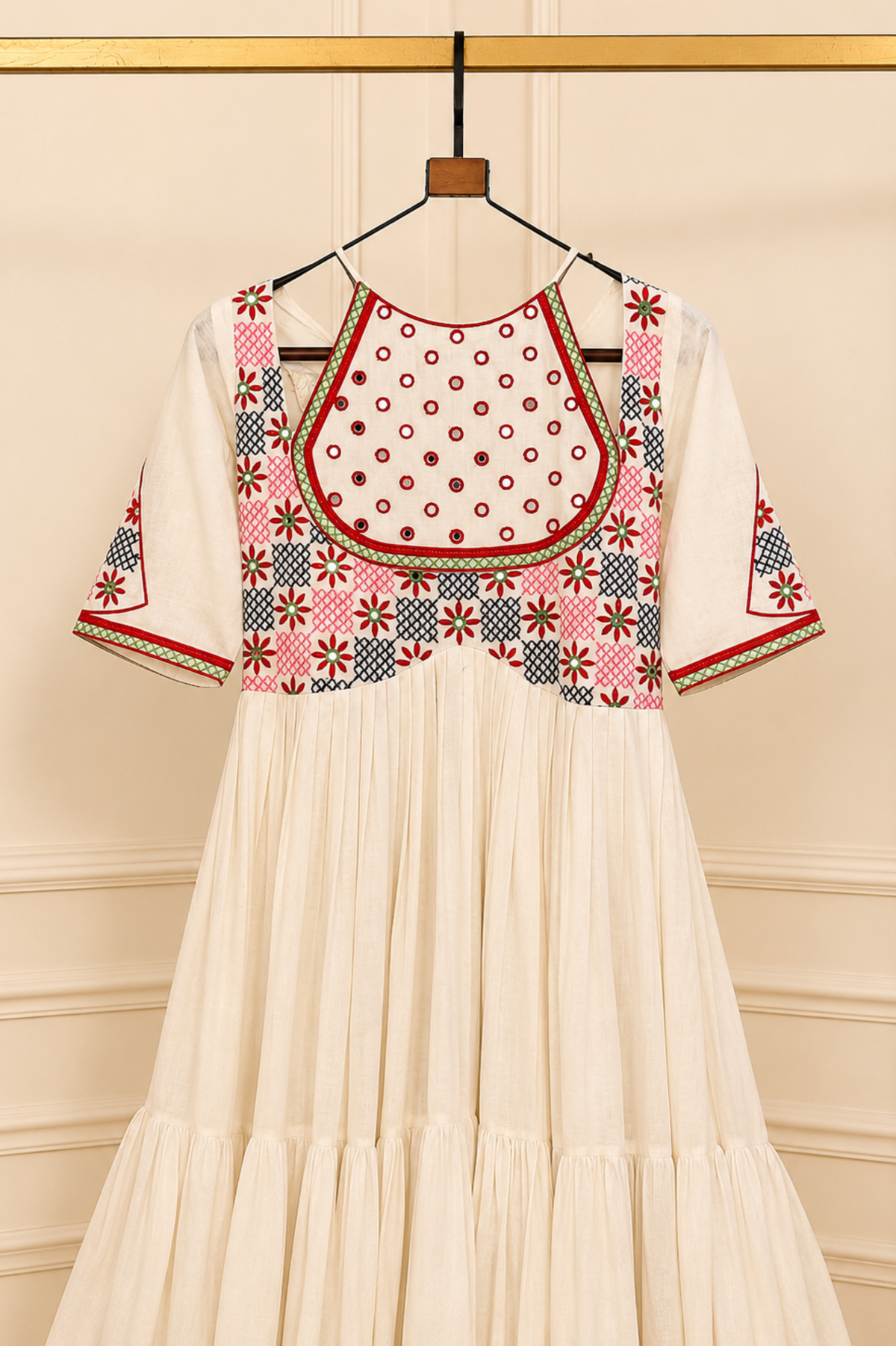 Women’s Designer Anarkali Gown with Embroidered Yoke, Flared Tiered Silhouette & 3/4 Sleeves | Festive Ethnic Wear