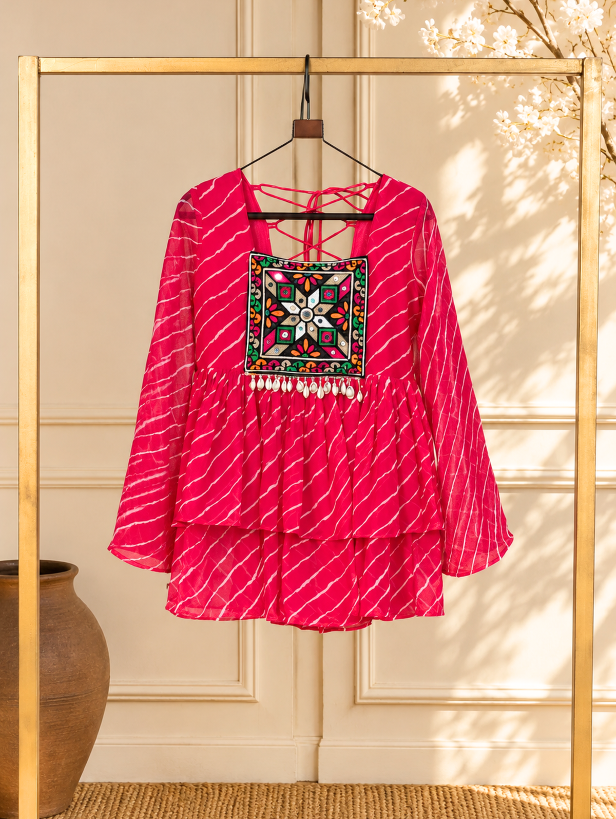 Women's Leheriya Peplum Top with Handcrafted Mirror Work