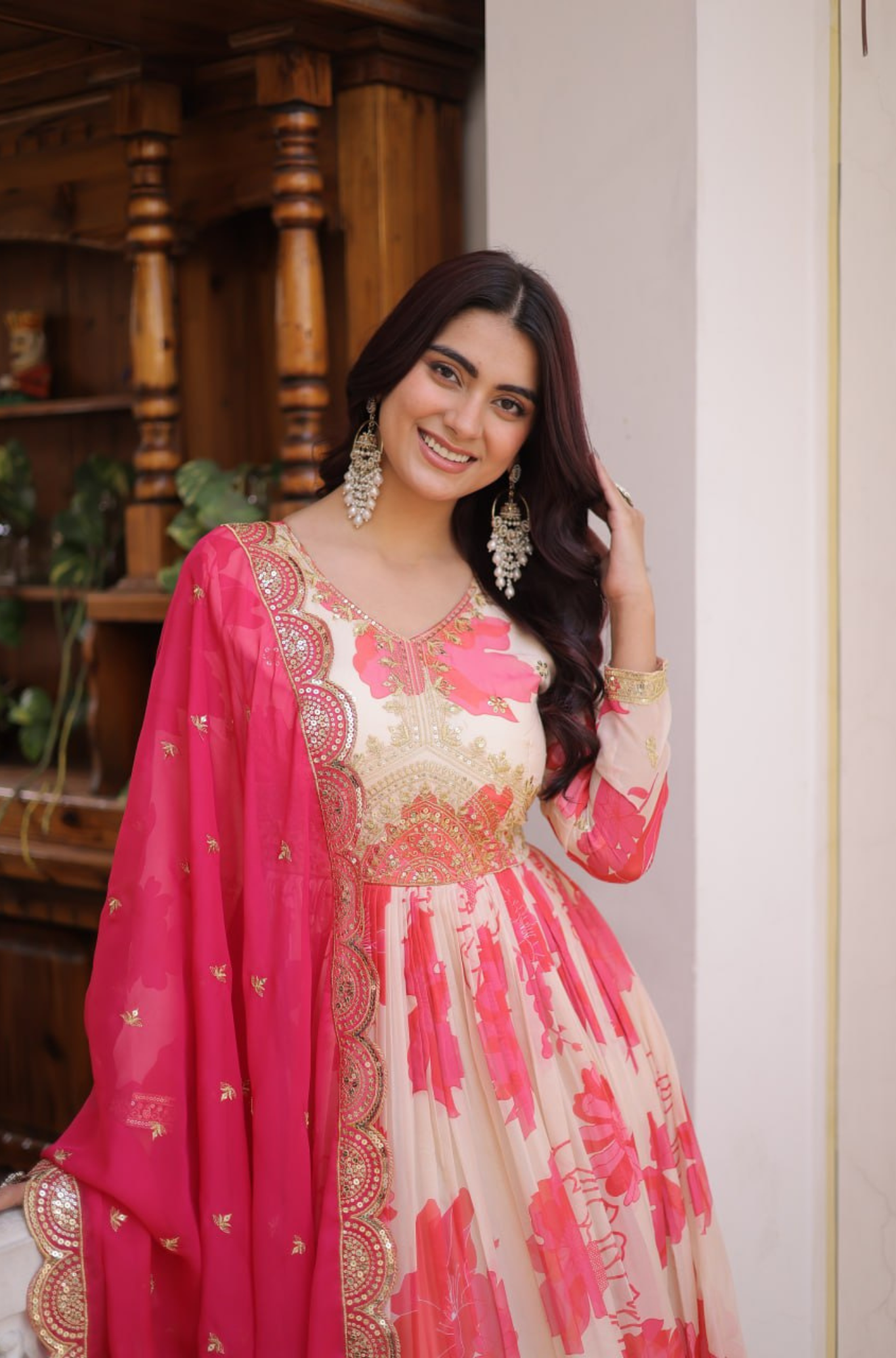 Luxury Floral Printed Anarkali Gown for Women with Embroidered Dupatta