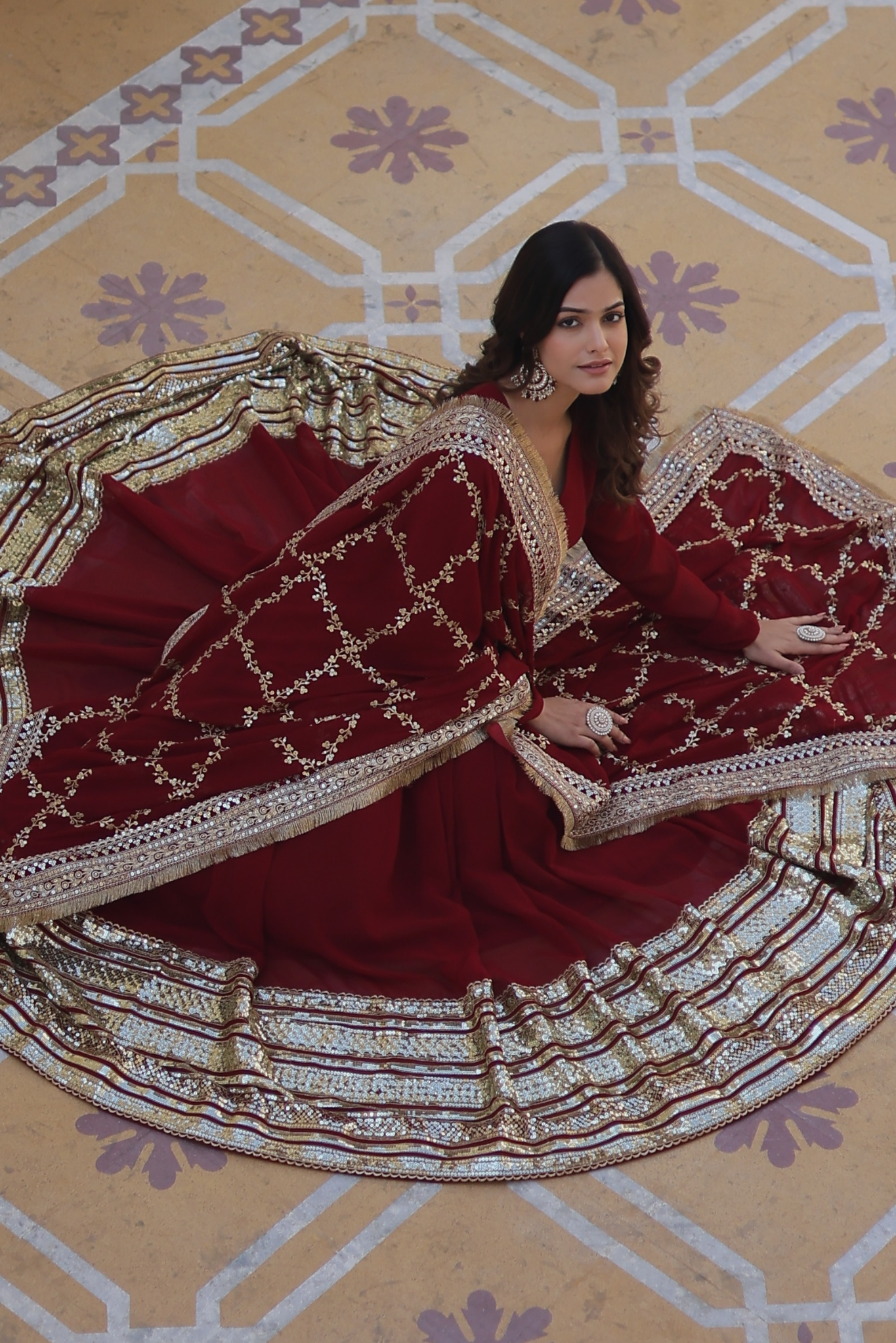 Women's Maroon Embroidered Anarkali Gown with Dupatta