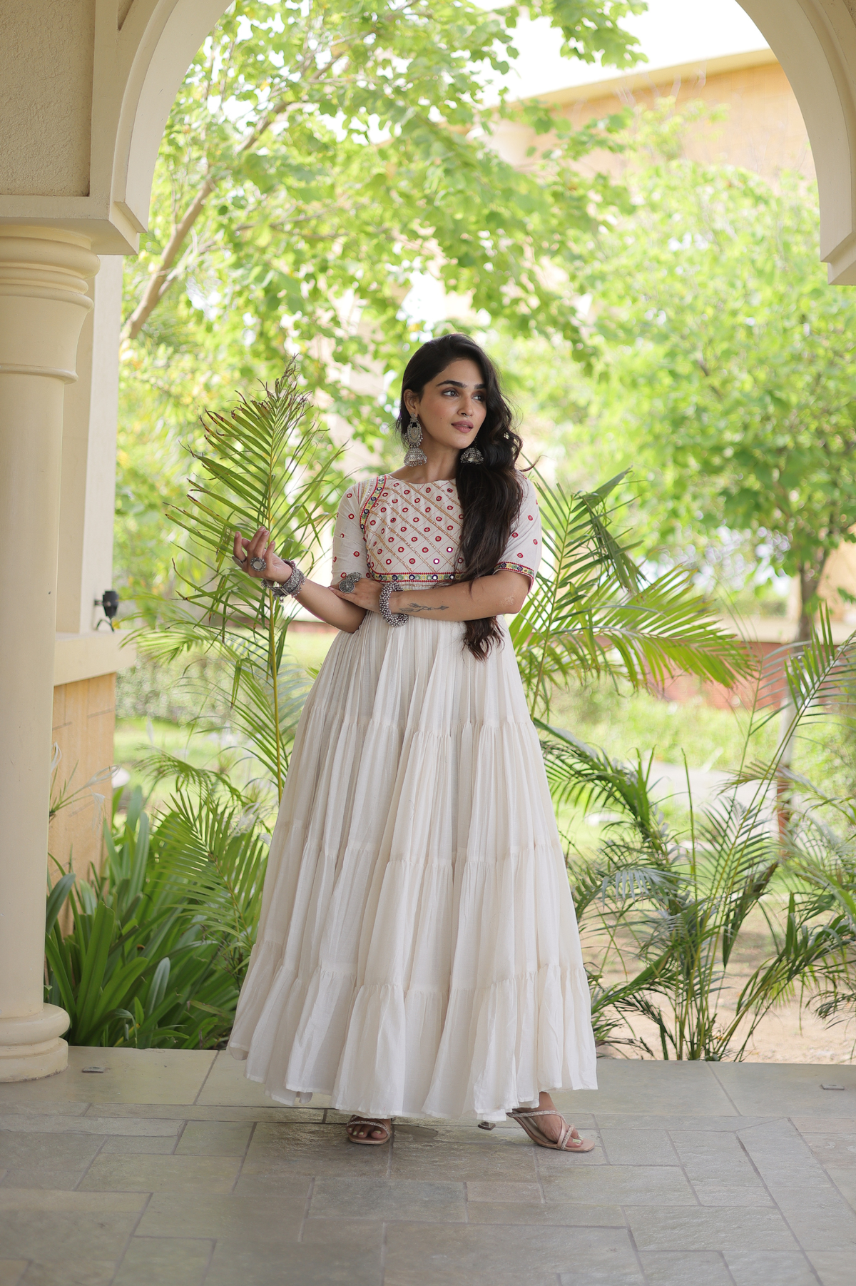 Women’s Designer Anarkali Gown with Embroidered Bodice & Flared Tiered Design | Festive Ethnic Wear